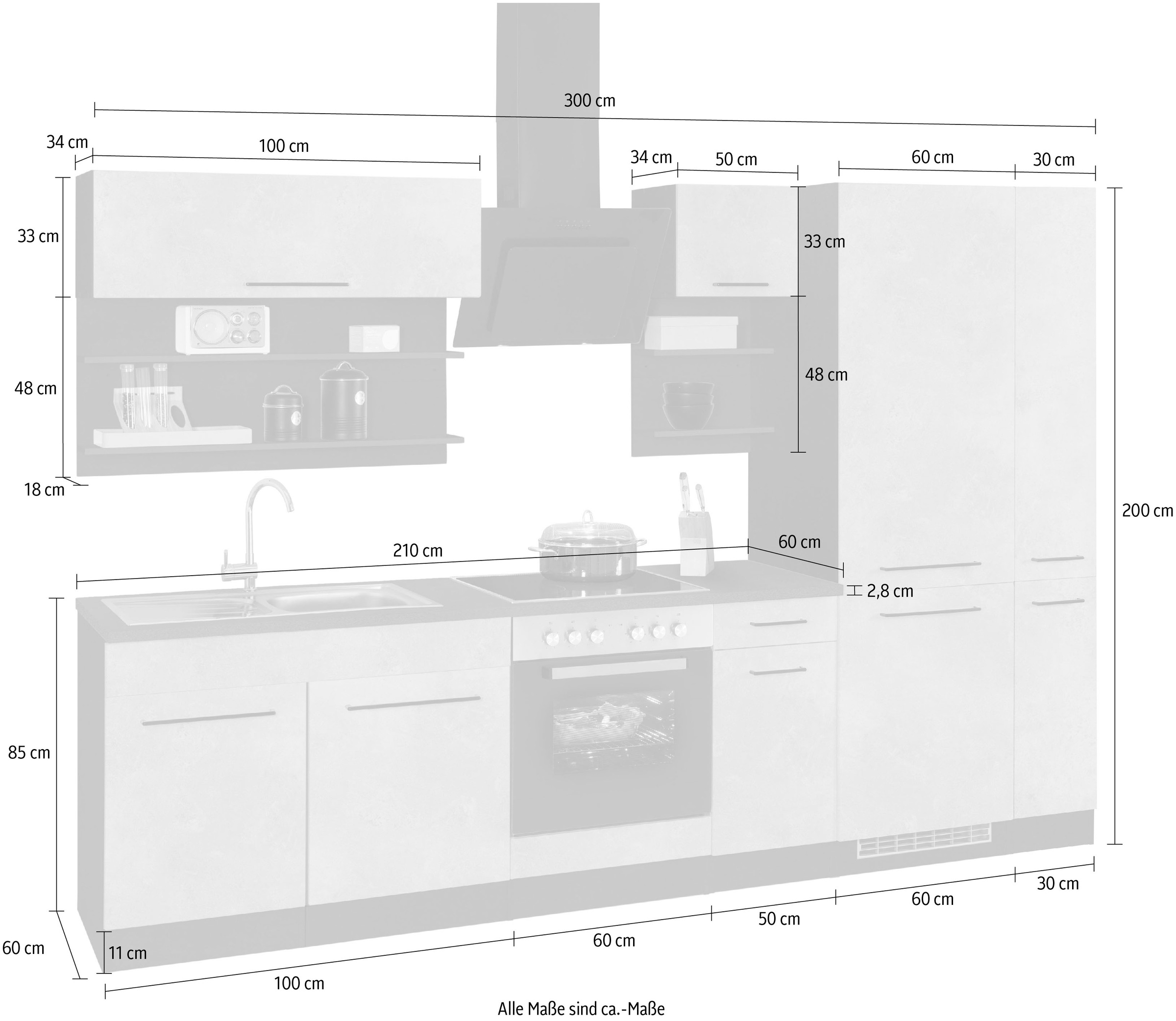 KOCHSTATION Küchenzeile »KS-Tulsa«, mit E-Geräten, Breite 300 cm, schwarze Metallgriffe, MDF Fronten