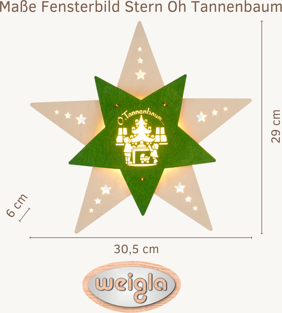 Weigla Dekostern »LED Oh Tannenbaum, beleuchtetes Fensterbild, WEIẞ-GRÜN«, (1 St.), Erzgebirge garantiert, Weihnachtsdeko Innen, Weihnachtsbeleuchtung