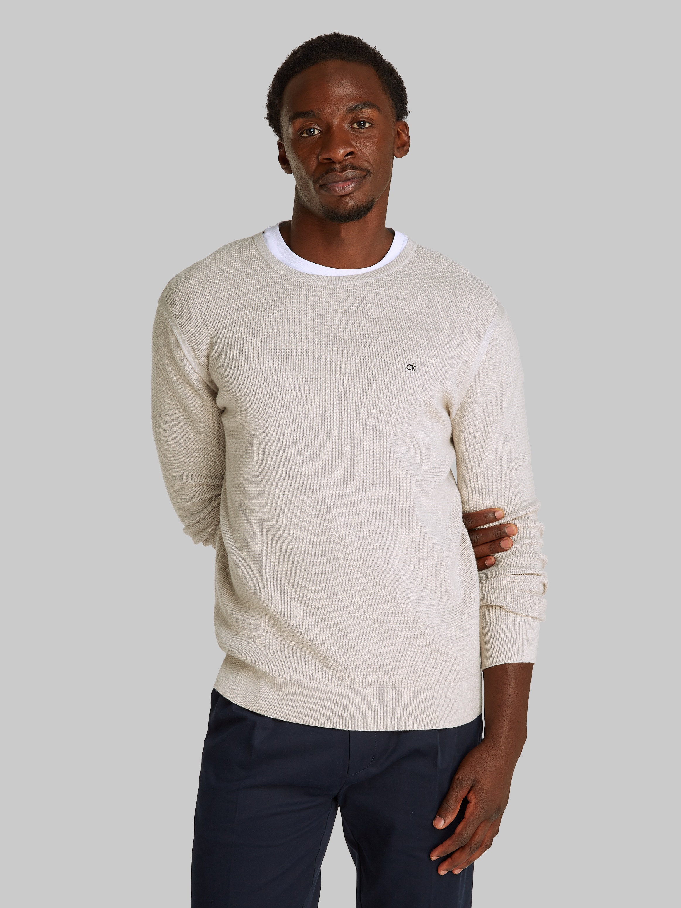 Calvin Klein Herren Rundhalspullover »MICRO WAFFLE TEXTURE CN SWEATER« mit Waffelstruktur in beige, Größe L