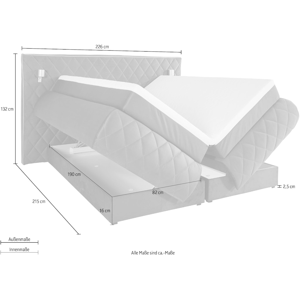 Places of Style Boxspringbett Alaric, wahlweise mit und ohne LED-Beleuchtung, in 3 Härtegraden lieferbar