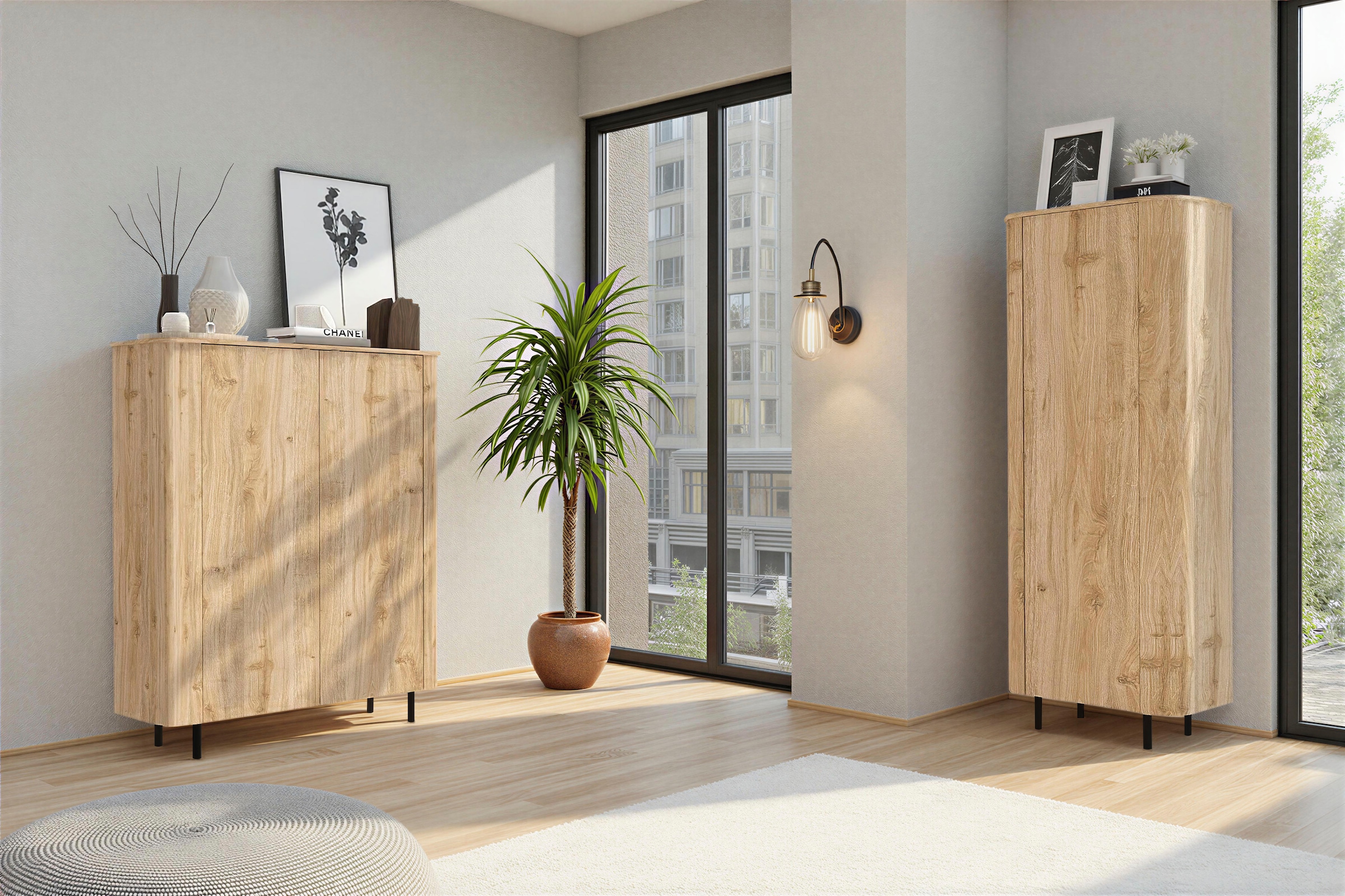 Home affaire Hochschrank »Murano, Stauraumschrank H 200 cm, B 80 cm, 1 Tür, Mehrzweckschrank« Formgebogenes MDF, Stirnseiten mit Rundung, Füße und Griffe aus Metall