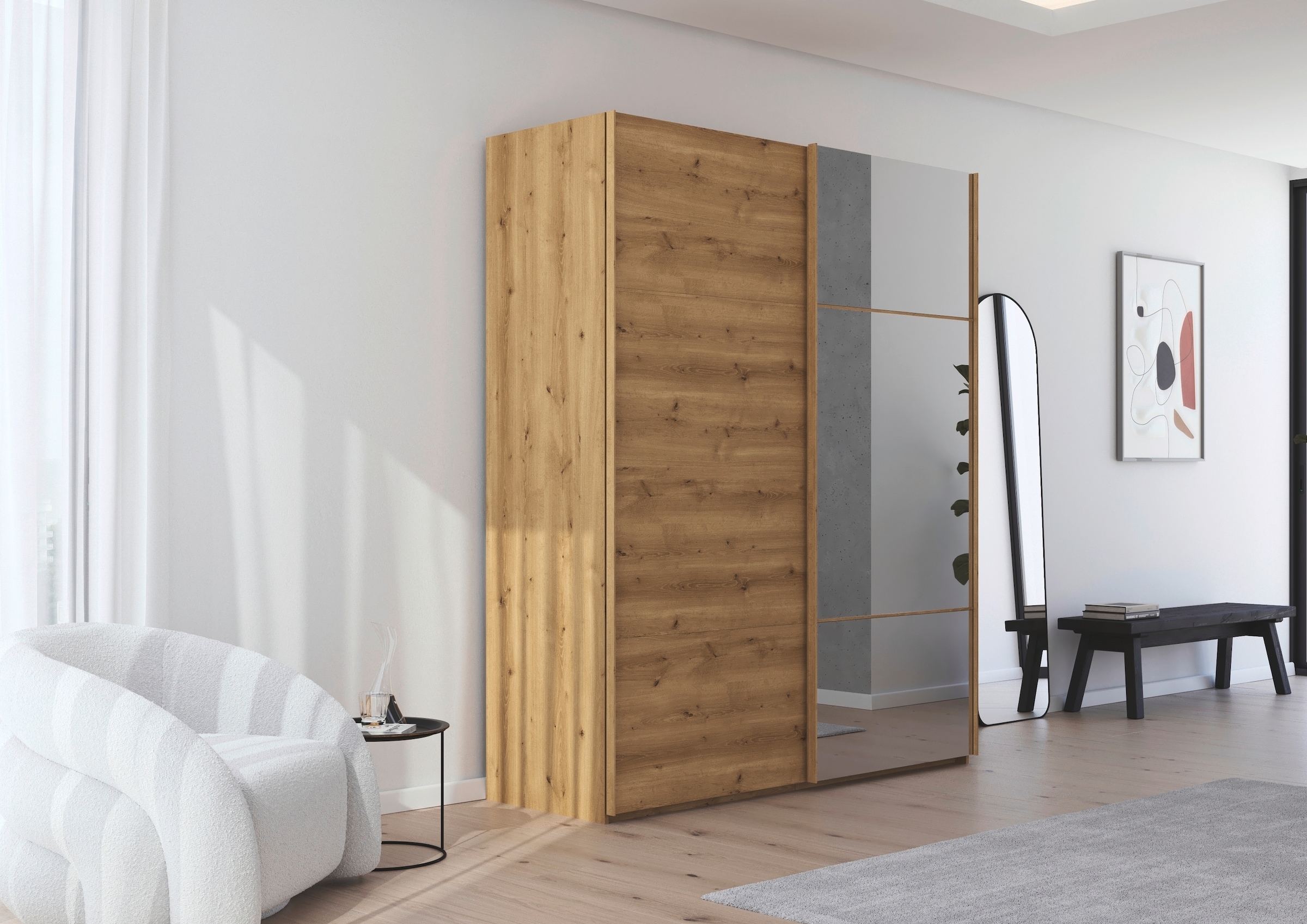 rauch Schwebetürenschrank »Kleiderschrank Schrank Garderobe Schlafzimmerschrank SCALE-TRIO« edle dreigeteilte Front mit 2 Zierleisten und Spiegel MADE IN GERMANY