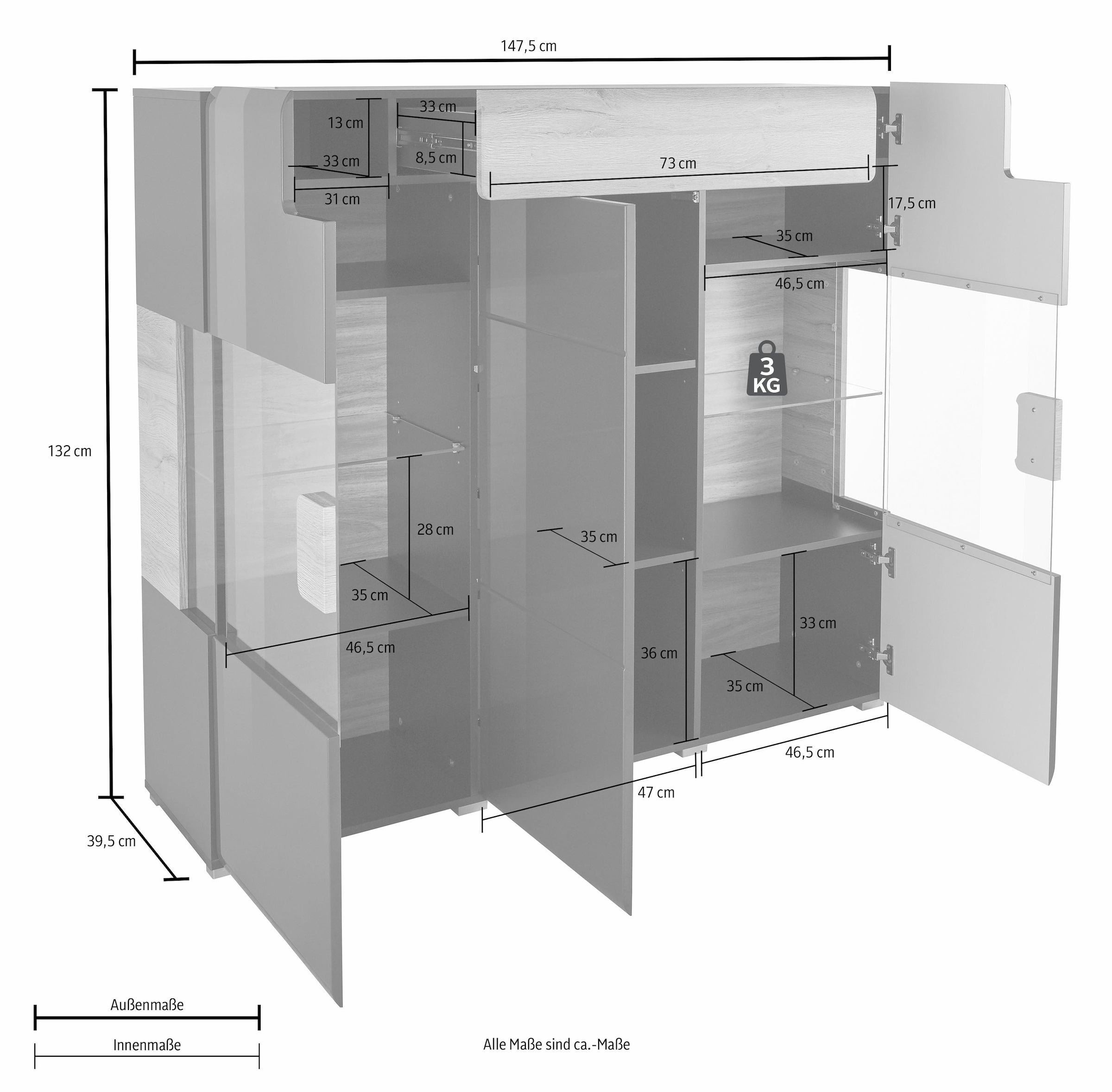 INOSIGN Highboard »Toledo,Breite 147,5cm,trendige Hochkommode mit 3Türen und Schublade«, Hochschrank mit Glas-Partien,stylische Hochglanzfronten