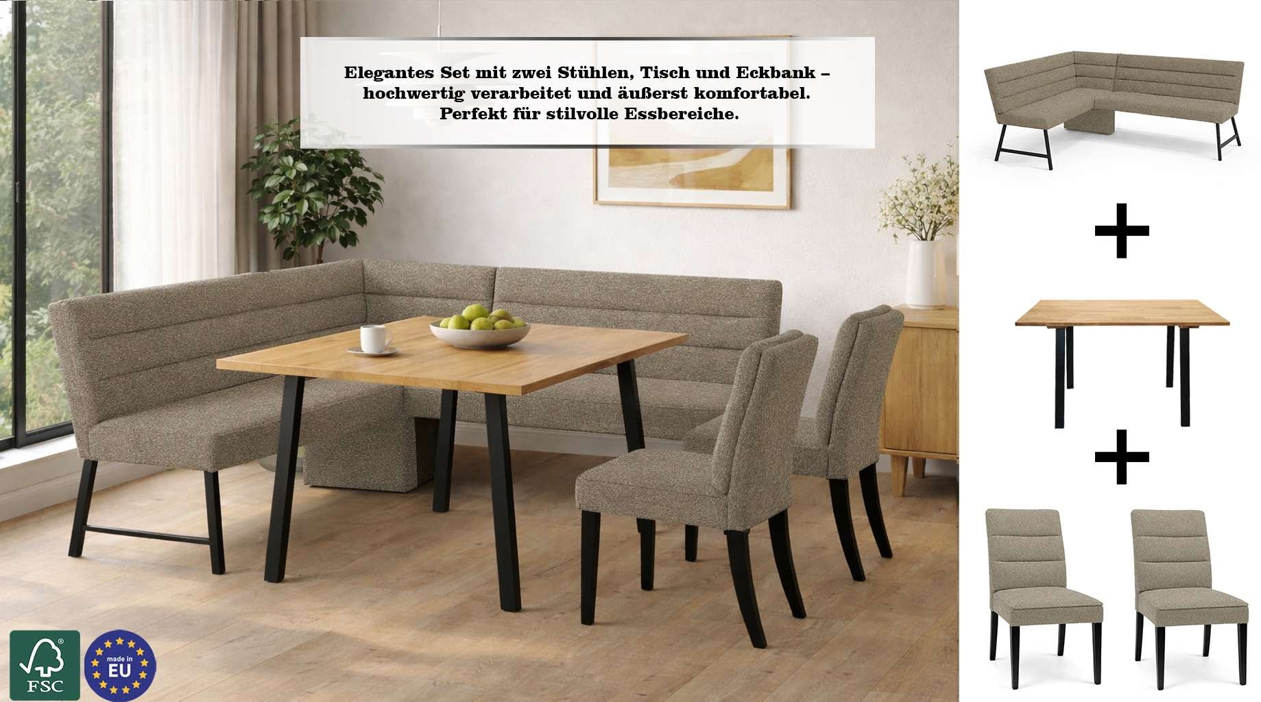 OTTO home Eckbankgruppe »Oregon Essecke, Sitzgruppe, Küchenbankgruppe« Set, 4er, 4 tlg. Eckbank mit Metallfüßen, Esstisch in Eiche massiv