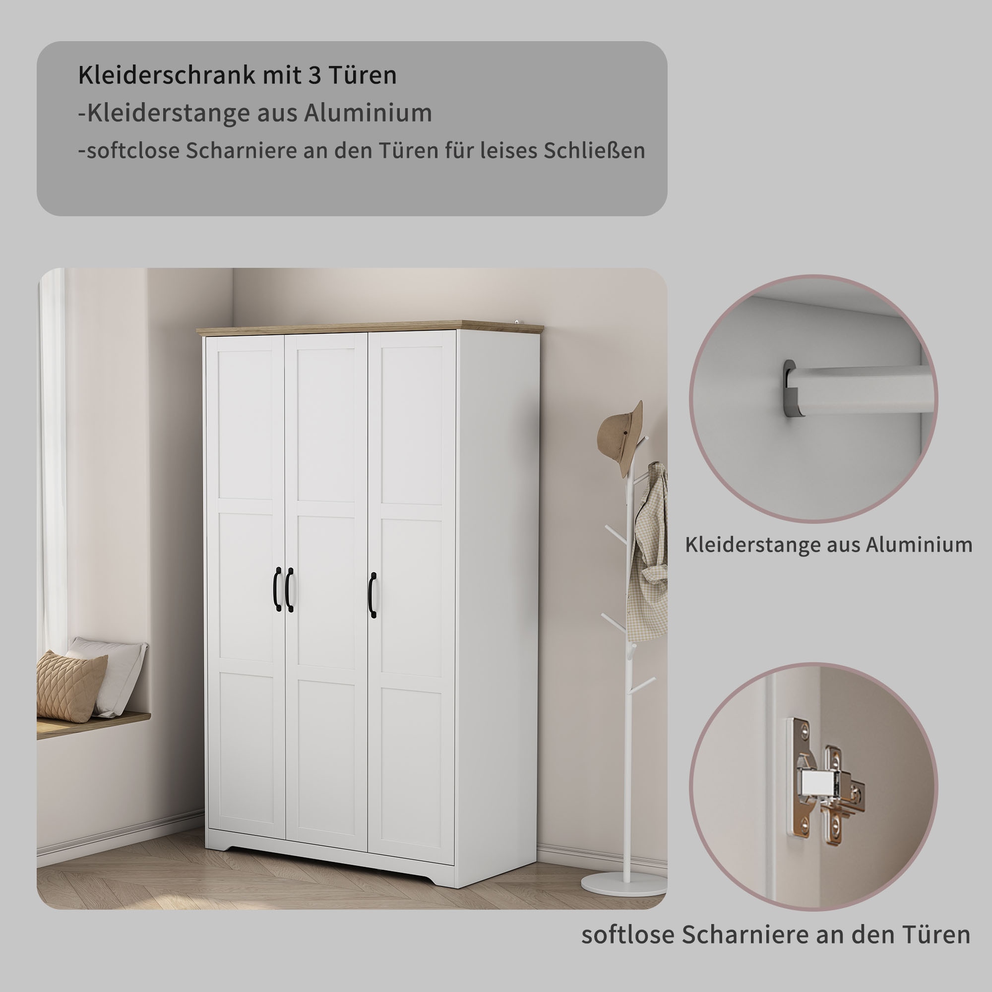 OTTO home Kleiderschrank »Emmilia Schrank Schlafzimmerschrank im Landhaus Design« Mit vielen Einlegeböden und Softclose,  Landhaus Schrank mit  3 Türen Breite 120,4 cm, Höhe 2m