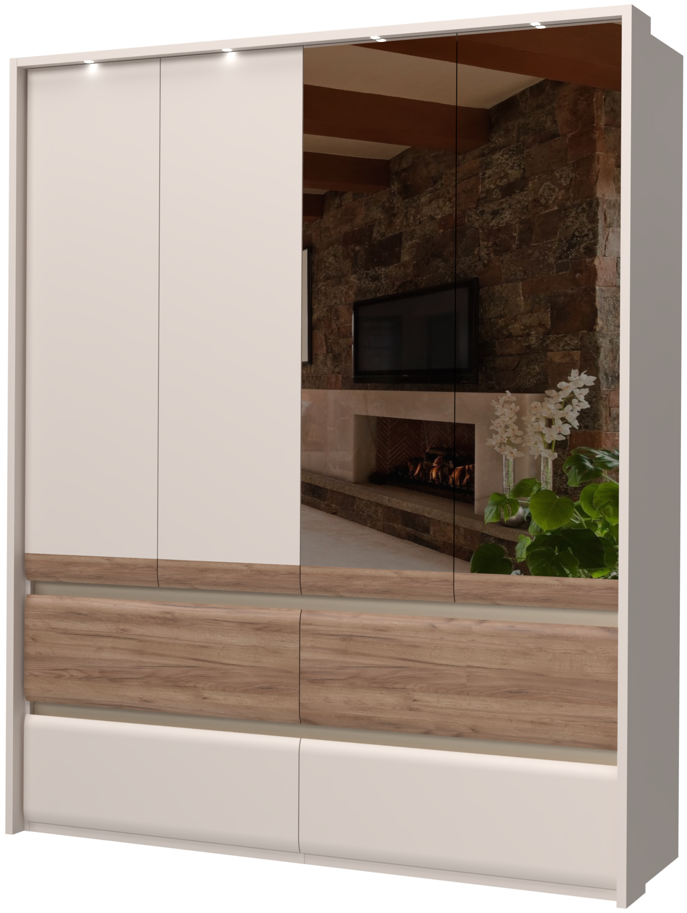 PLACES OF STYLE Kleiderschrank »Invictus, UV lackiert, FSC-zertifiziert, grifflose Optik« abgerundete Schubladen aus MDF im Holzdekor, soft-close,  mit Beleuchtung und Spiegel, in 4 Breiten, hoher Schrank (226cm)