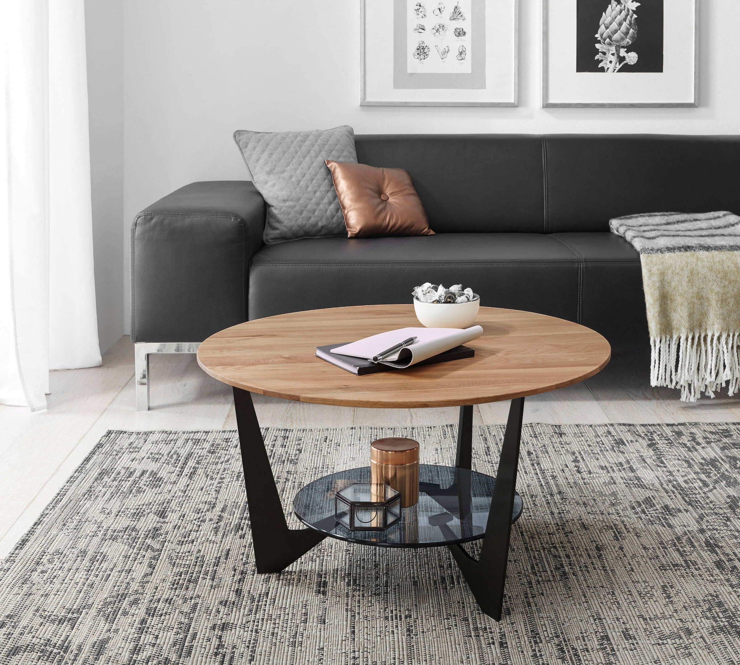 MCA furniture Couchtisch »Cadiz«, Shop Grau im geölt, Rund Eiche Glas Ablageboden OTTO Online Natur