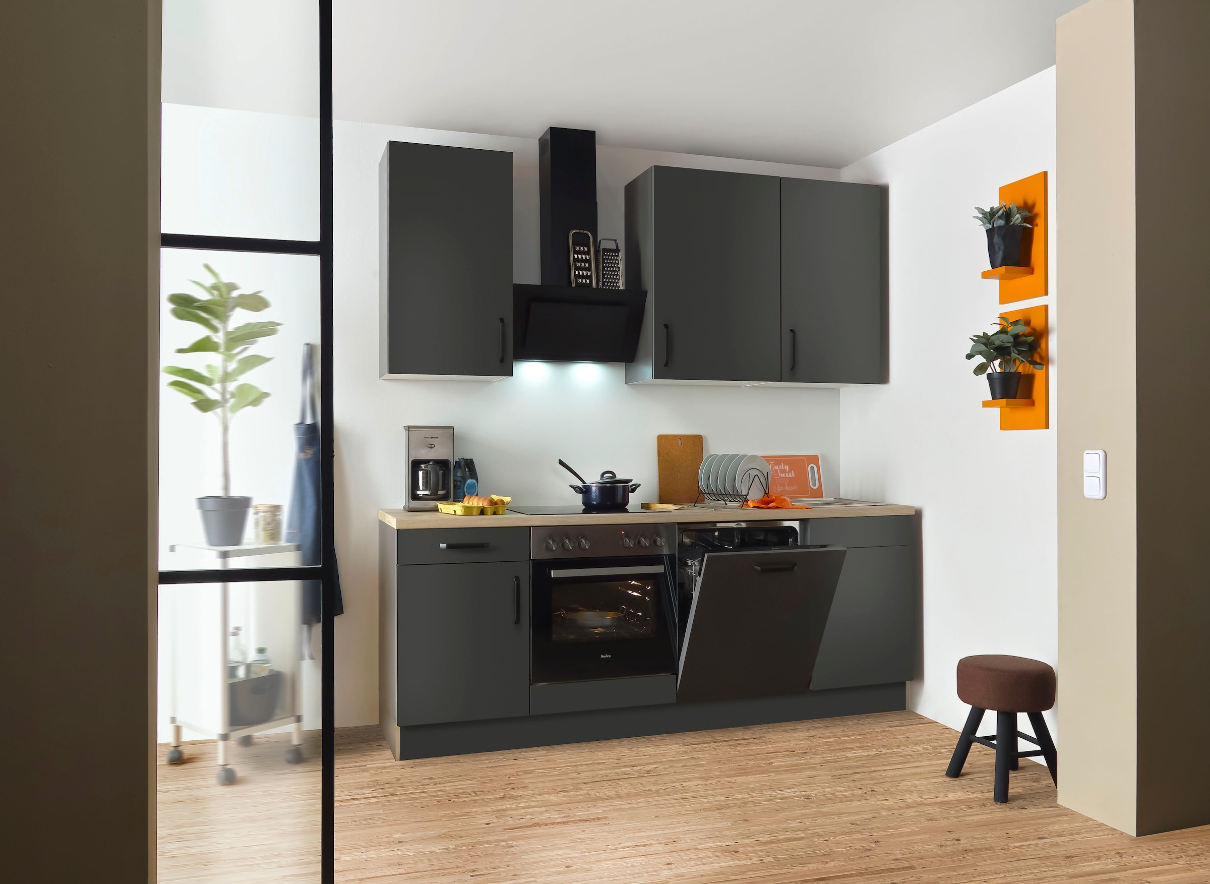 wiho Küchen Küchenzeile »"Simi", wahlweise mit E-Geräten, mit verstellbaren Füßen«, Soft-Close-Funktion in Schubkästen und Auszügen, Breite 220 cm