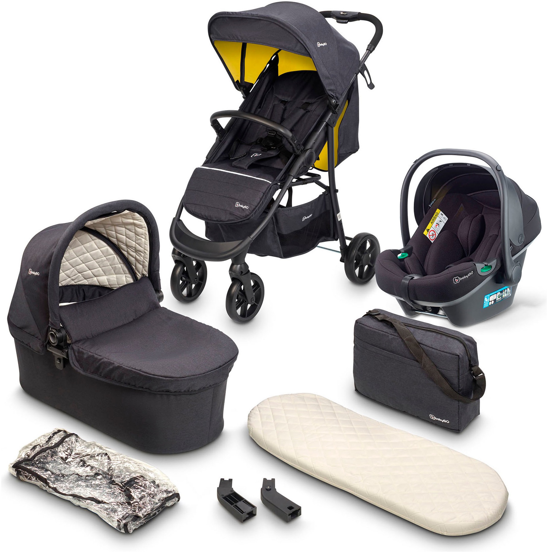 Babygo Kombi-Kinderwagen »Style - 3in1« inkl. Babyschale mit Adaptern u. Wickeltasche in gelb