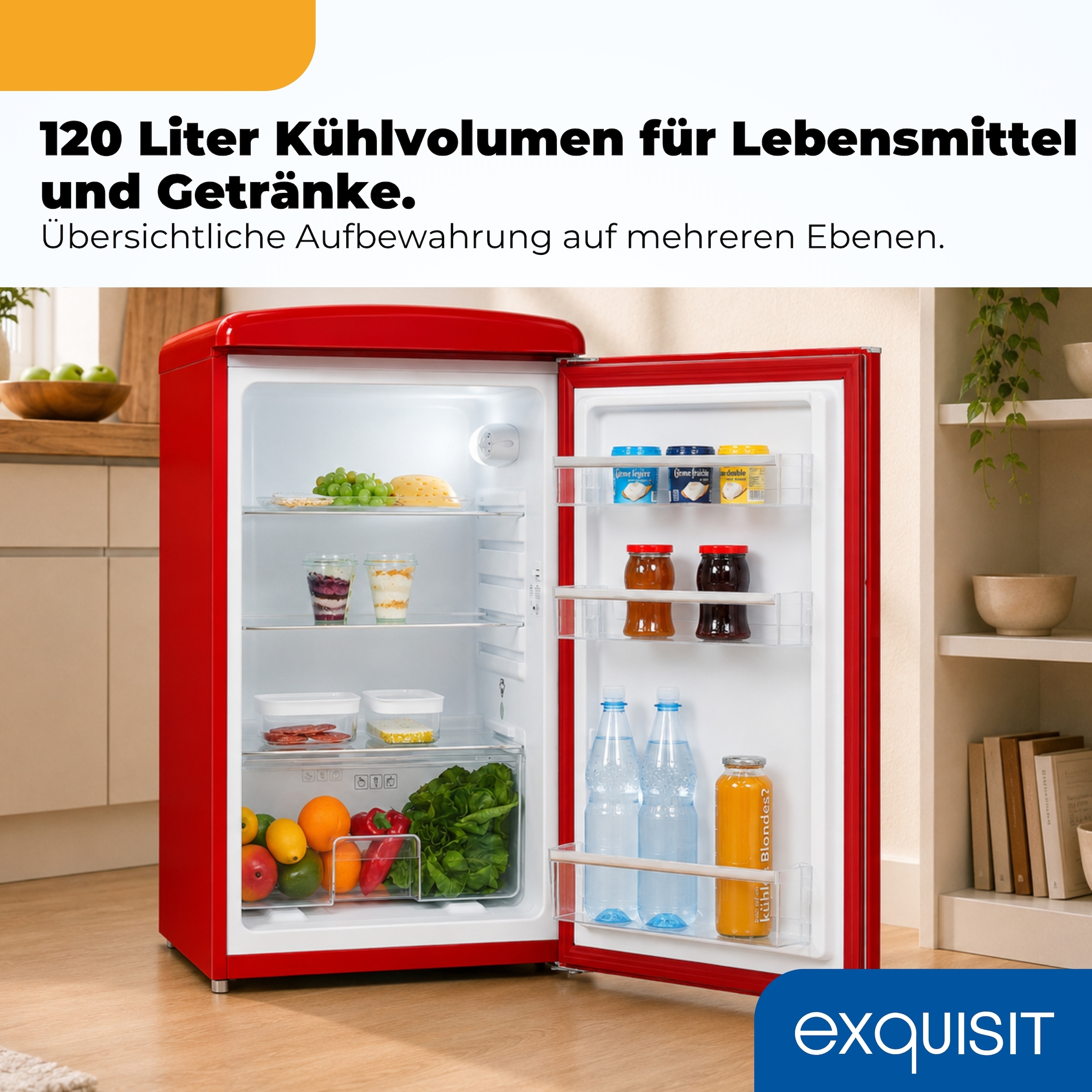 exquisit Kühlschrank »RKS120-V-H-160C rot« 89,5 cm hoch 54,5 cm breit LED-Beleuchtung, verstellbare Glasböden, Retro-Design