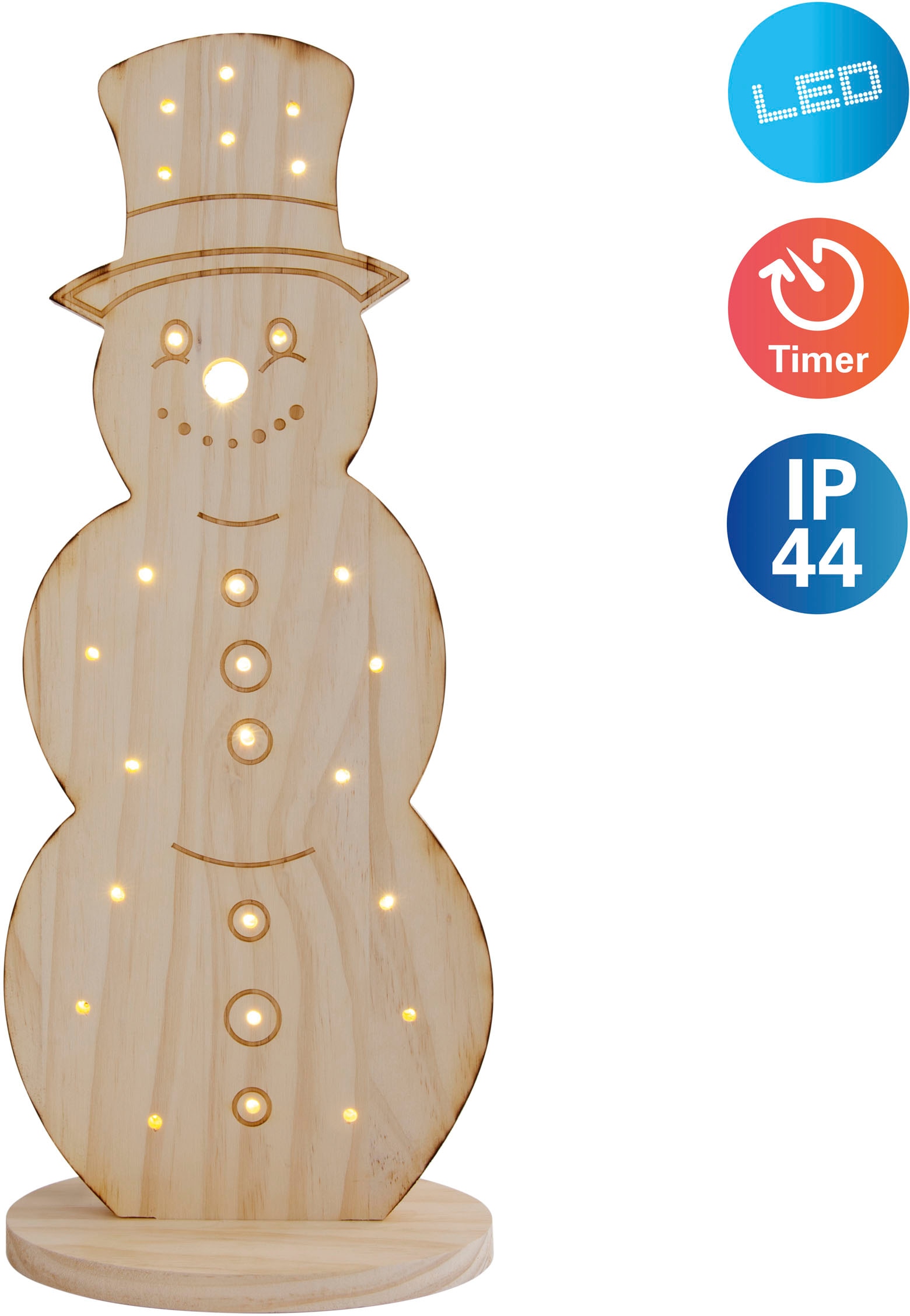 näve LED Dekoobjekt »Snowy, Weihnachtsdeko aus Holz«, Schneemann aus Holz, inkl. Timer, Höhe ca. 80 cm, Batteriebetrieb