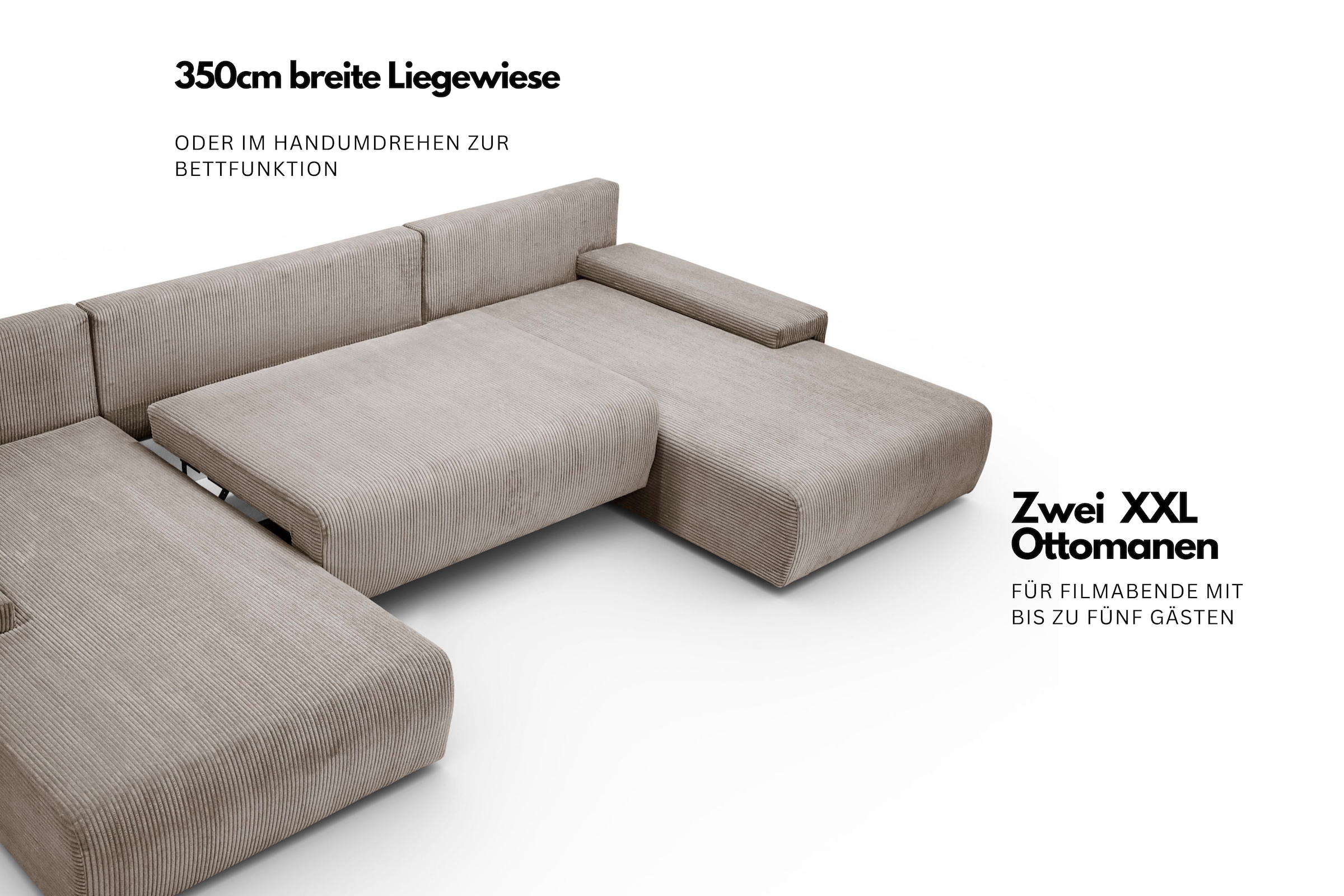 WERK2 Wohnlandschaft »Amalfi 348 x 188 cm modern & bequem, viel Platz mit Bett & Bettkasten« Cord, U-Form, XXL, Schlaffunktion, Bettkasten