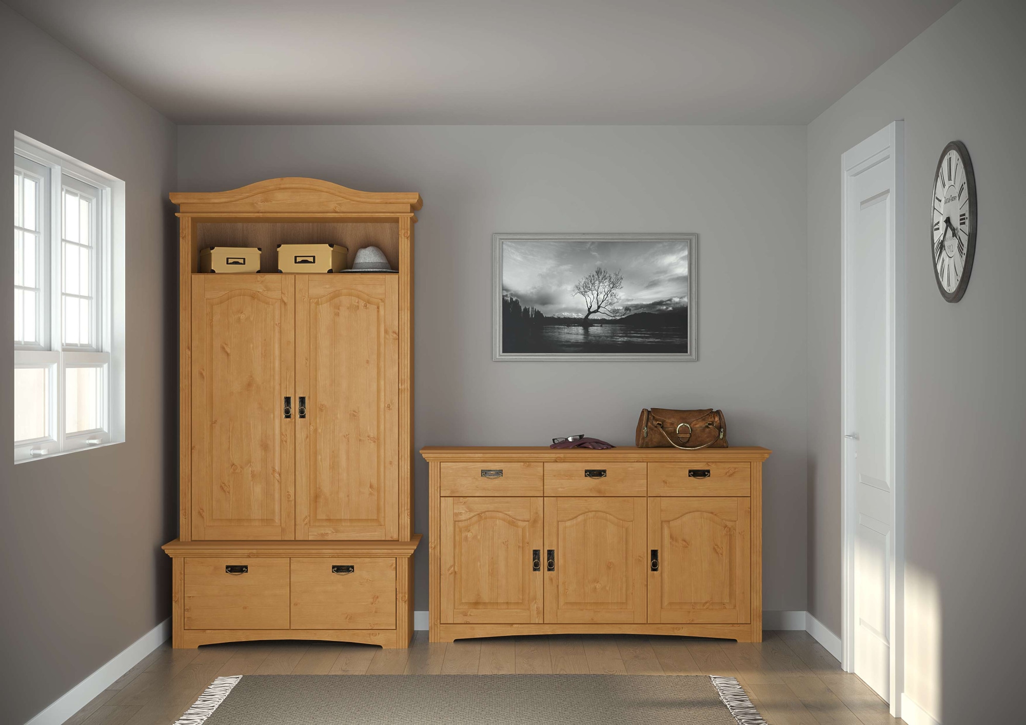 OTTO home Wäscheschrank »Konrad, mit Bank, Garderobenschrank, Schubladen, Massivholz« H/B/T mit Bank ca. 206/110,5/70 cm,  viel Stauraum, langlebige Qualität, ausziehbare Kleiderstange