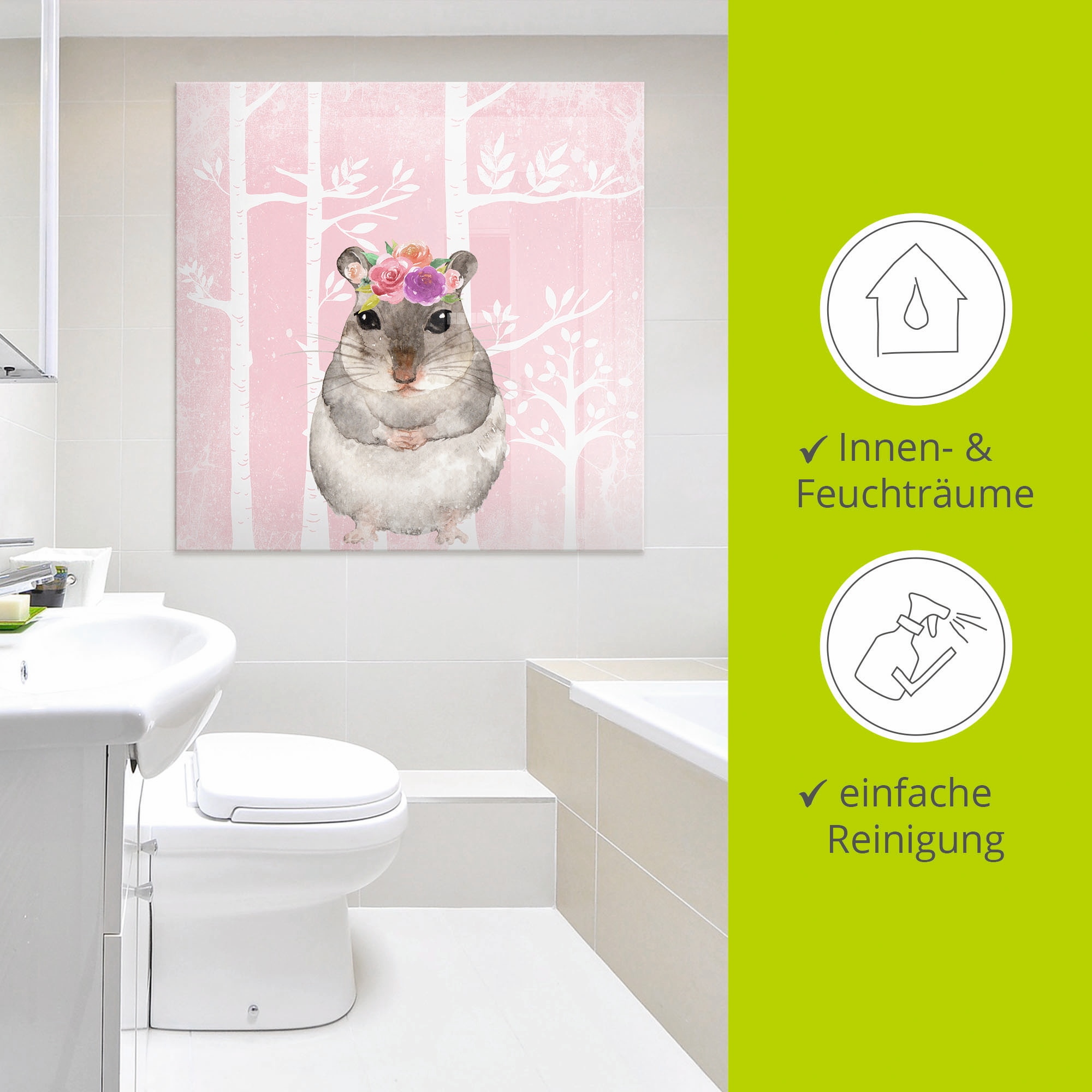 Artland Glasbild »Hamster mit Blumen im pink Wald«, Tiere, (1 St.), in verschiedenen Größen