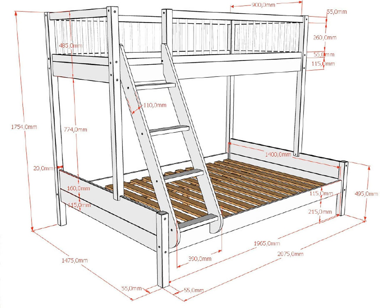 Vipack Etagenbett »Forrest Massivholzbett Made in Europe, stabil und hochwertig gebaut« Liegefläche 90/140x200cm, mit Leiter, Rolllattenrost u. Bettschublade, 