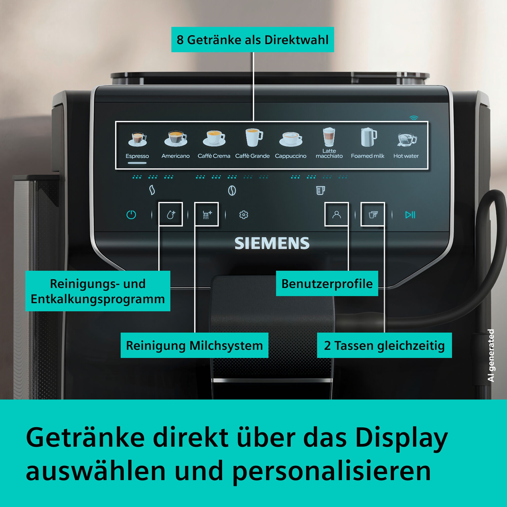 SIEMENS Kaffeevollautomat »EQ500 TP553E09, Doppeltassenfunktion, 8 Getränke, einfache Reinigung« Keramikmahlwerk, entnehmbare Brüheinheit, Steuerung per App, Schwarz