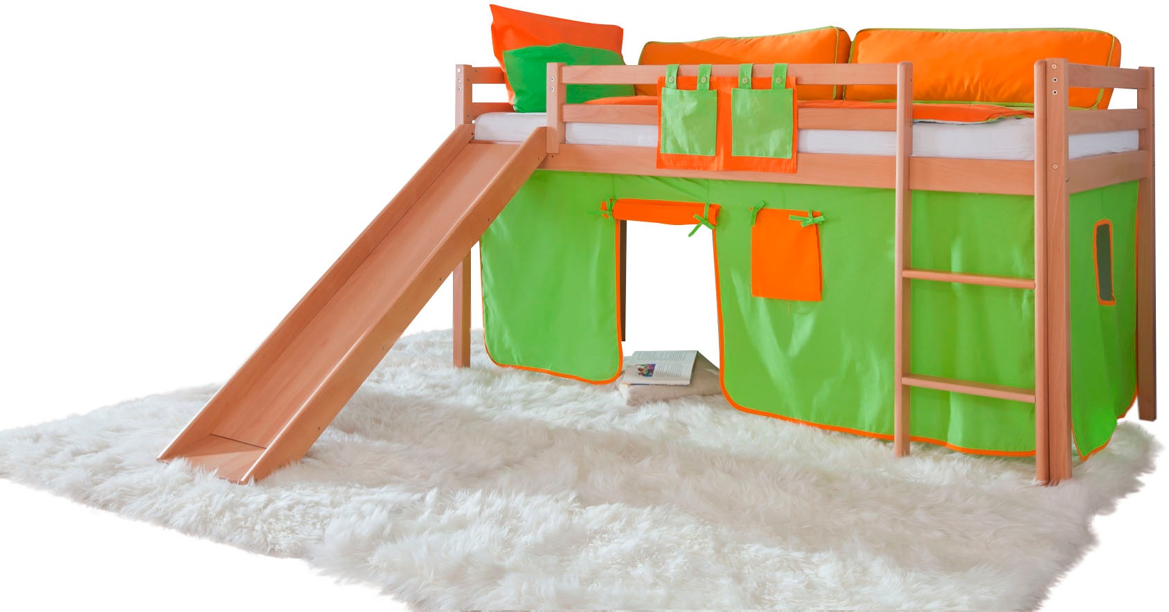Relita Hochbett »Toby«, Buche natur lackiert mit Textil-Set, wahlweise mit Rolllattenrost