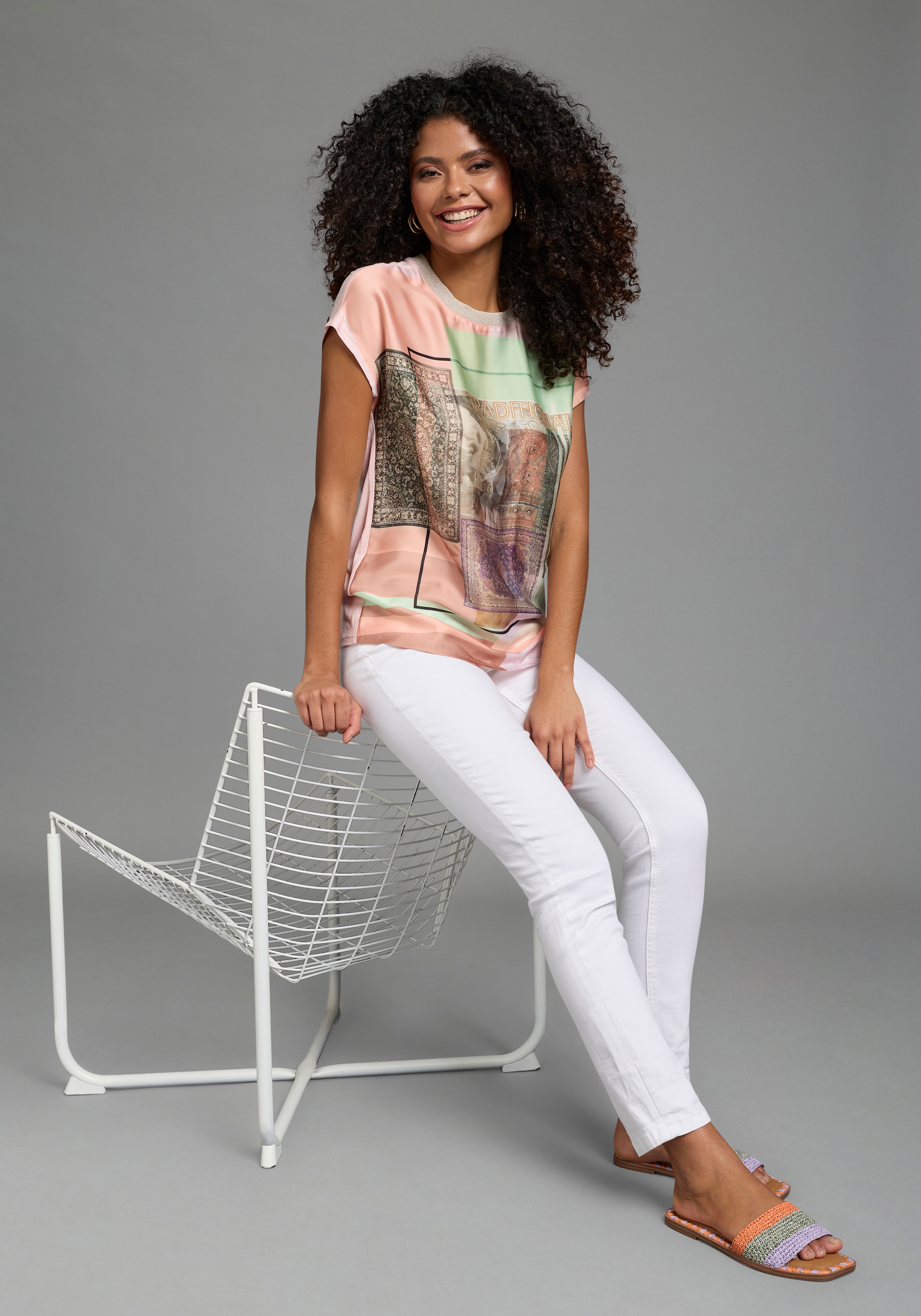 Laura Scott Shirtbluse Kurzarm, U-Boot-Ausschnitt, Materialmix aus Satin und Jersey