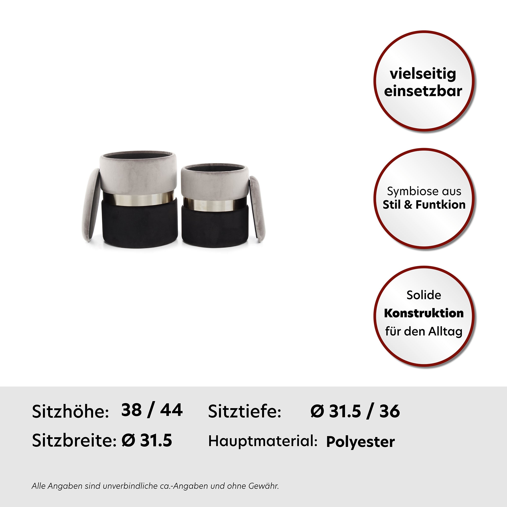 Kayoom Stauraumhocker »Hocker Zora 125 2er-Set, samtweicher Stoffbezug,runde elegante Form«, (Set, 2 St.), edles Design mit Metallring, gepolstert, mit Stauraum