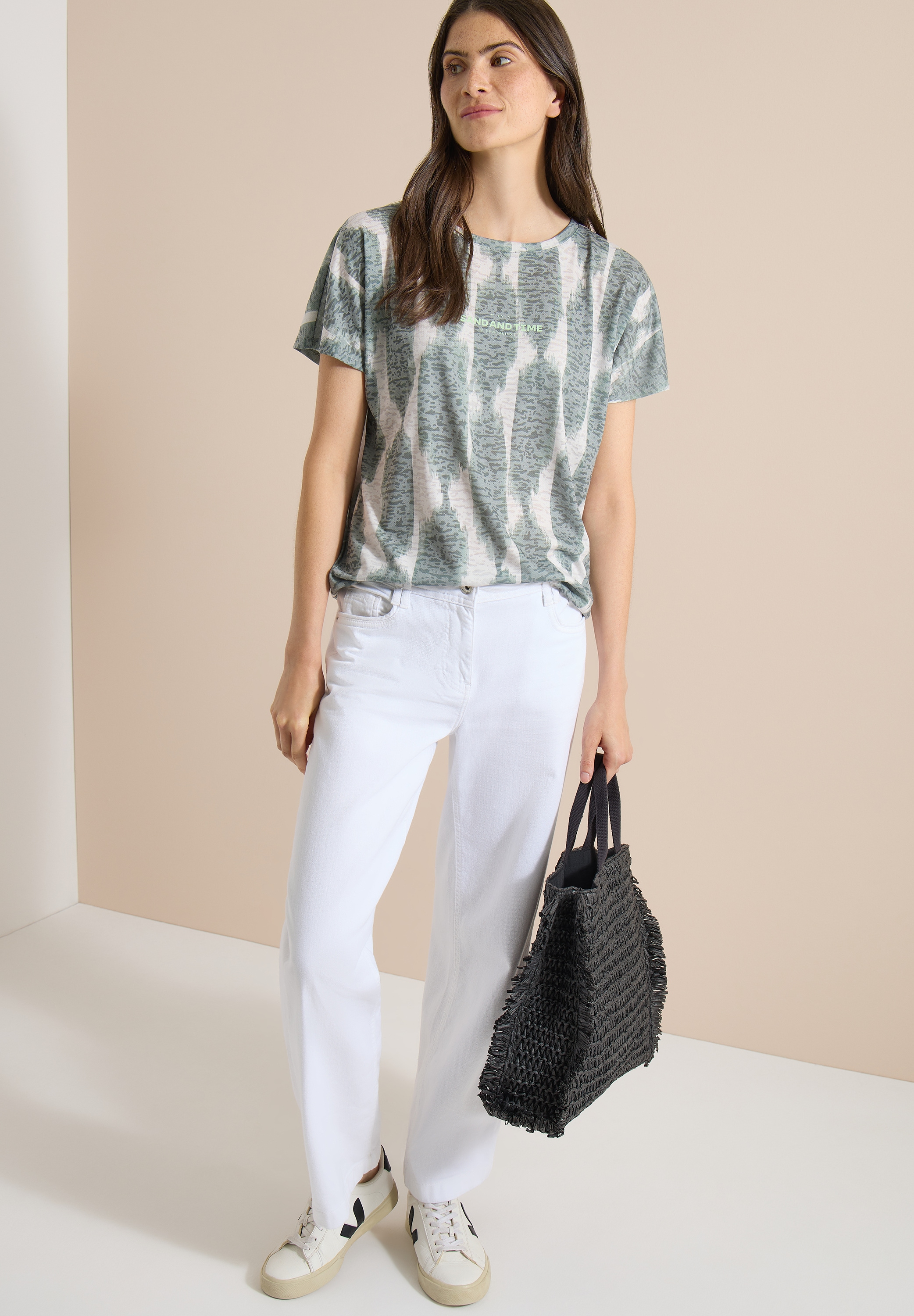 Cecil Kurzarmshirt Sommershirt im Ausbrenner-Look mit Wording