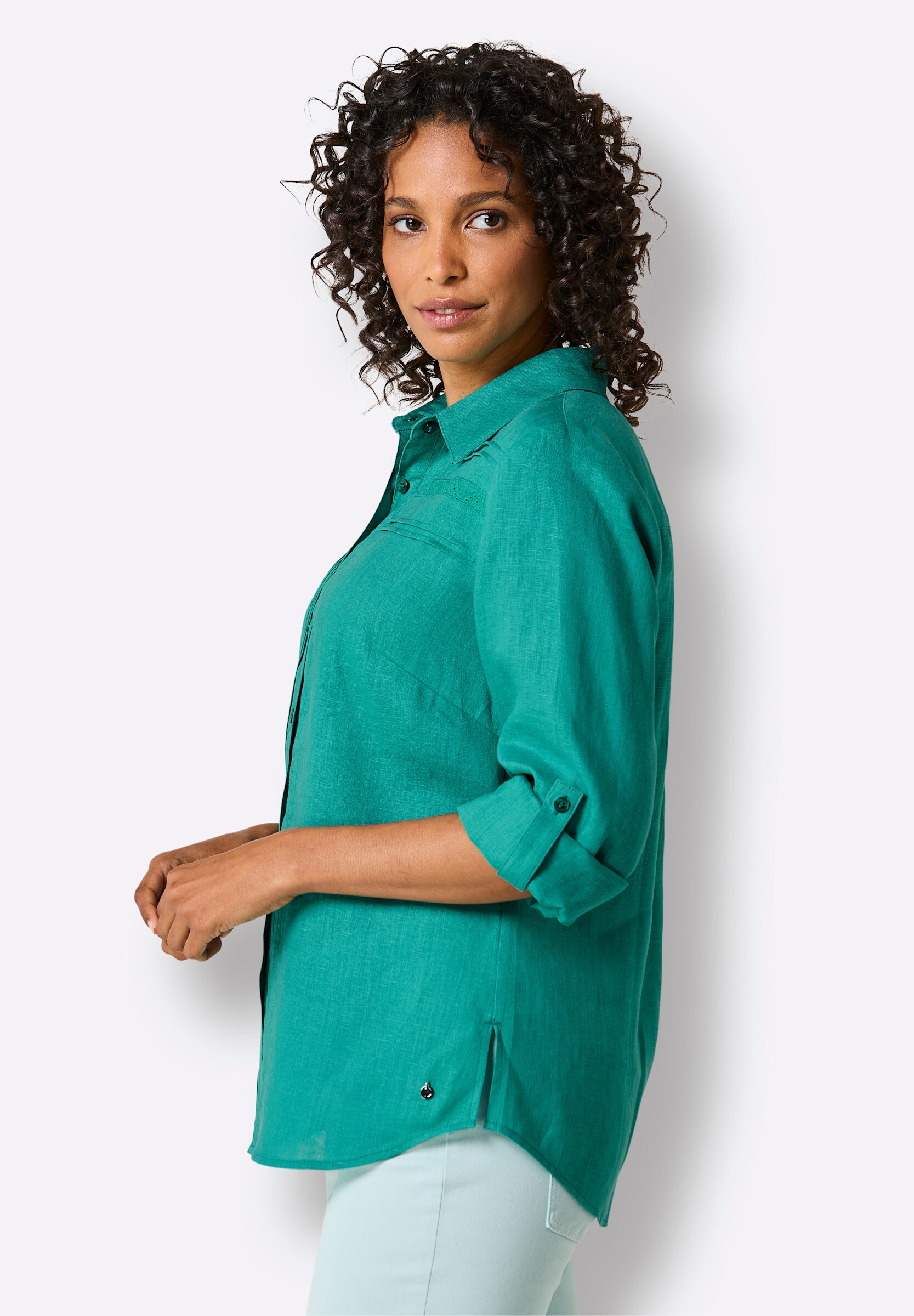 creation L Hemdbluse »Leinen-Bluse Leinenbluse mit Spitze und Biesen«