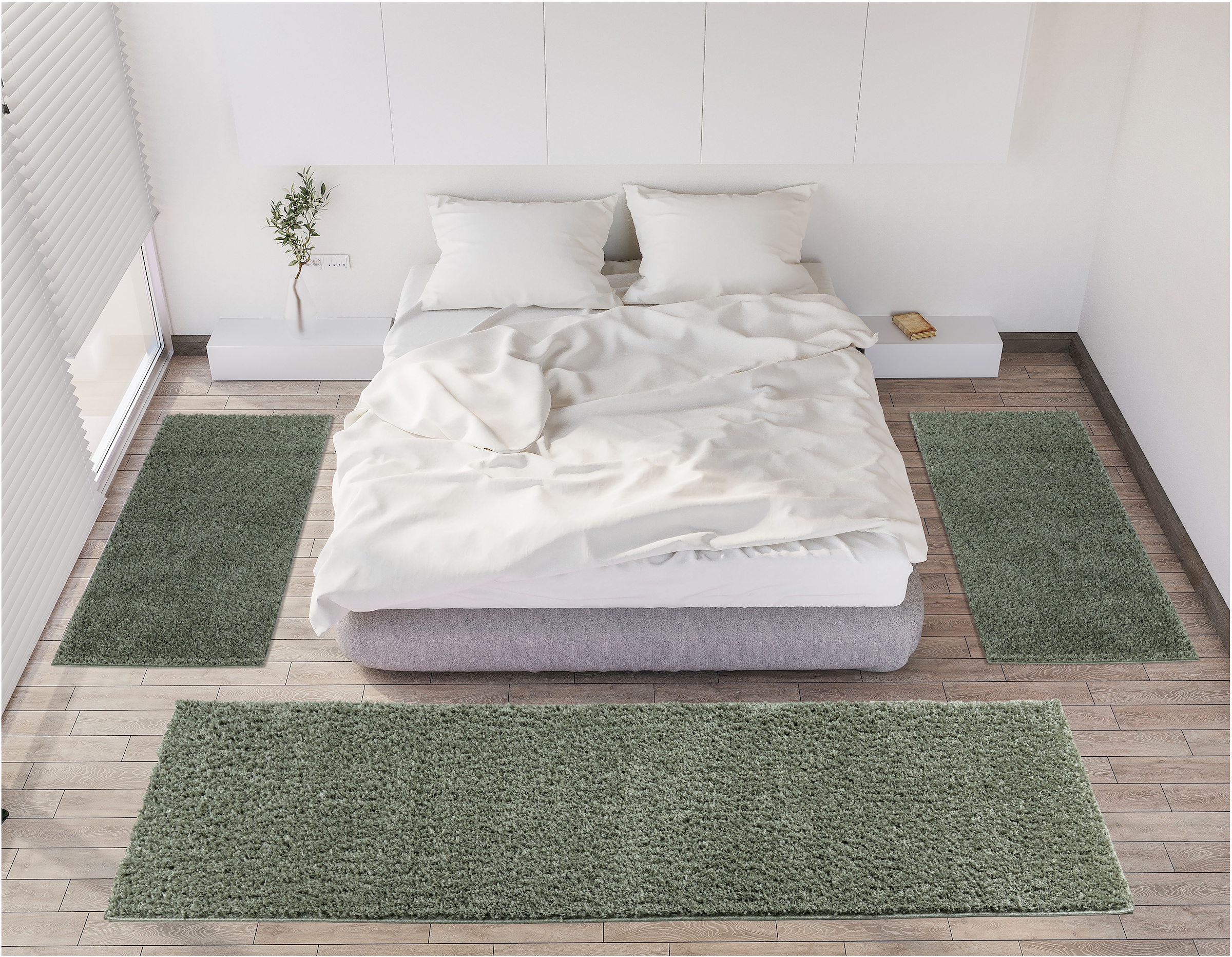 Bruno Banani Bettumrandung »Shaggy Soft«, (3 tlg.), gewebt, Uni-Farben, besonders weich, Bettvorleger, Läufer-Set