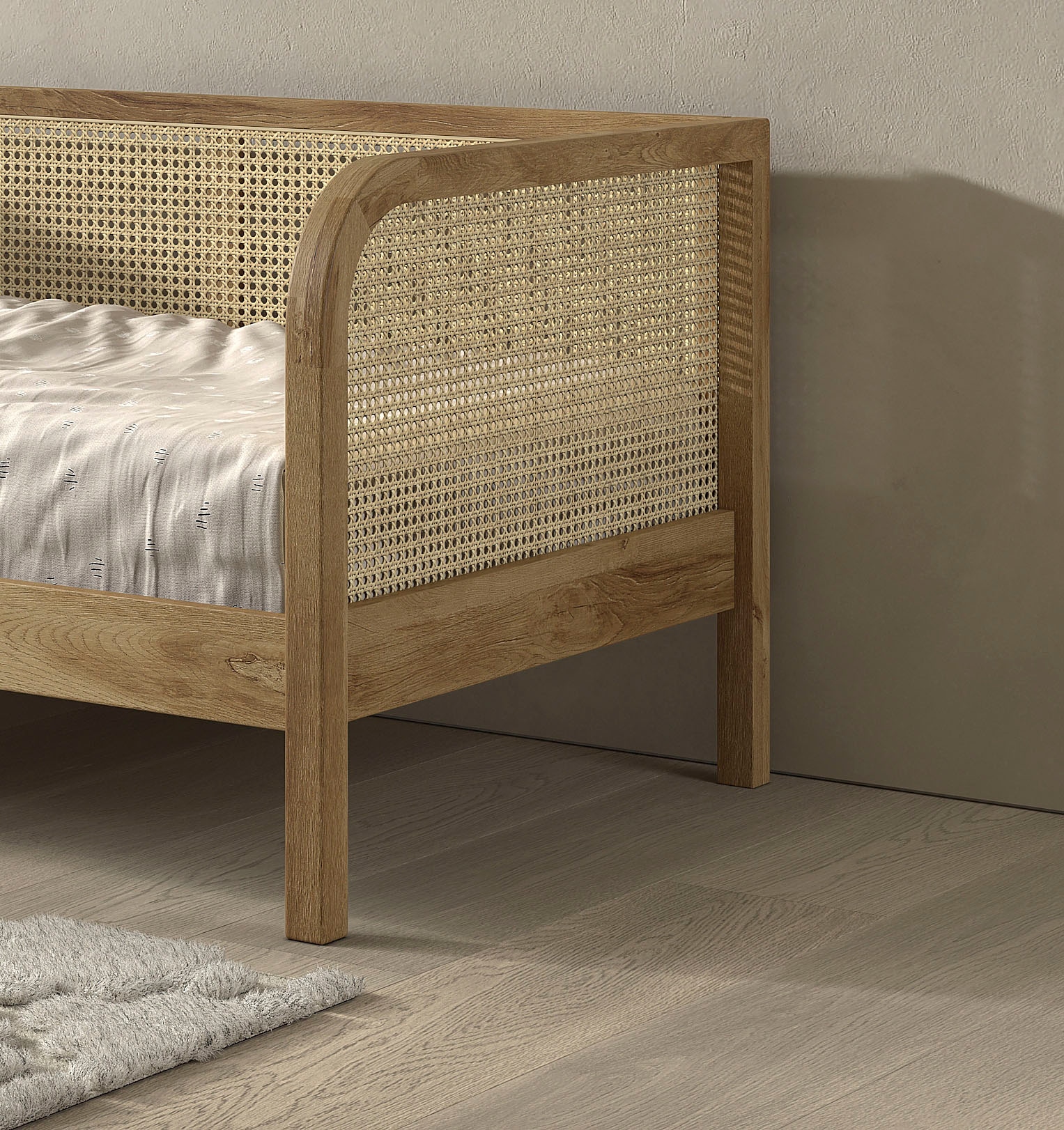 Home affaire Bett »Olive, mit Eiche massiven Bettpfosten, Bettseiten furniert«, (B/H/T ca. 210x75x96,6cm, Auf. Natur, zeitloses Design), 90/200 inkl. Lattenrost und trendigen Rattan Kopf- u. Seitenteilen