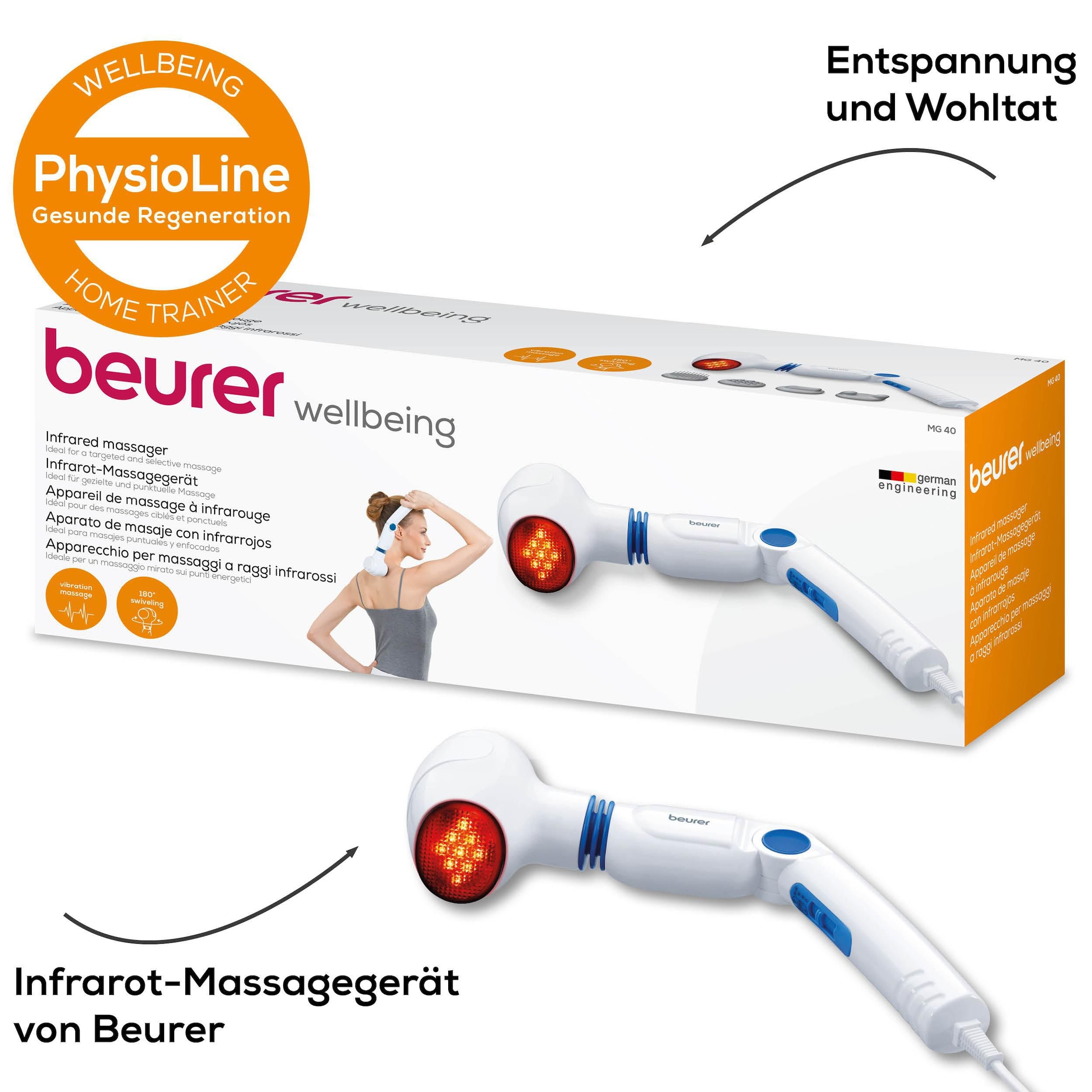 BEURER Massagegerät »MG 40 für eine wohltuende Vibrationsmassage mit Infrarotwärme«, Ideal für gezielte und punktuelle Massagen an Rücken, Armen, Beinen