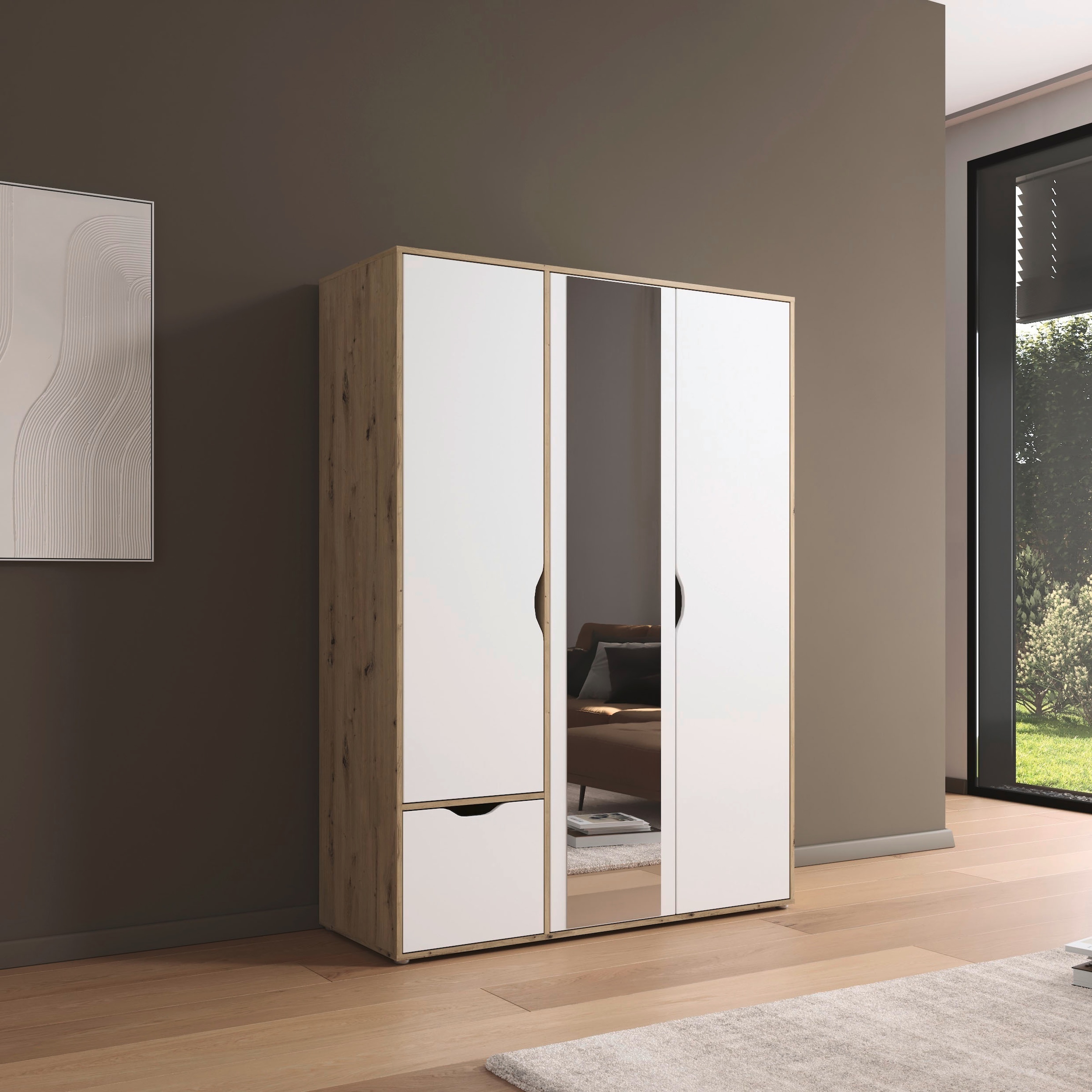rauch Drehtürenschrank »Kleiderschrank Schrank Garderobe Wäscheschrank NARAI mit Schubladen«, (in 3 verschiedenen Ausstattungen BASIC/CLASSIC/PREMIUM), Griffausfräsungen für eine grifflose Optik TOPSELLER MADE IN GERMANY