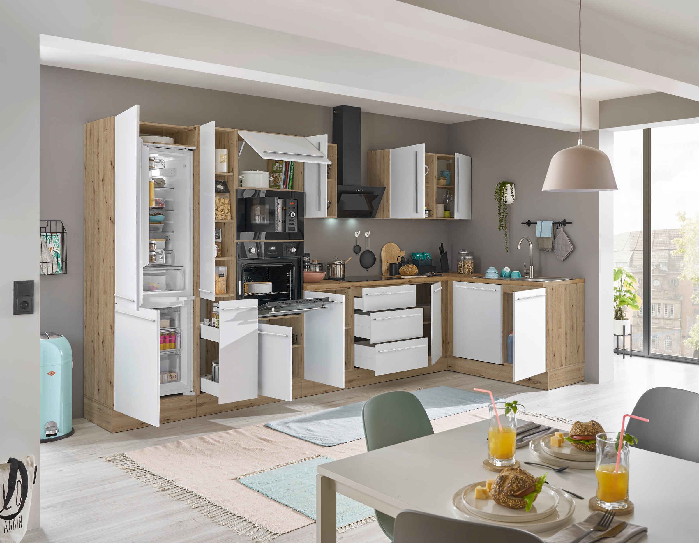 KOCHSTATION Winkelküche »Florida, Stellbreite 370x175 cm« wahlweise mit E-Geräten, mit Softclose für Türen und Schubkästen