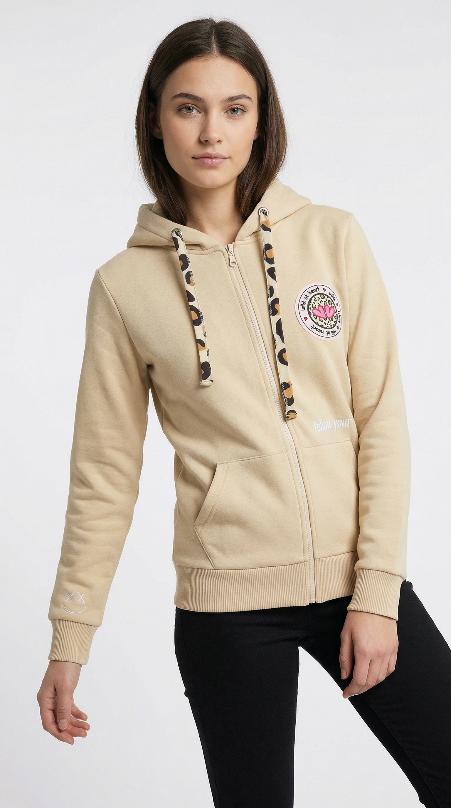 Zwillingsherz Kapuzensweatjacke Leo-Details, Langarm, Reißverschluss, Baumwollmischung