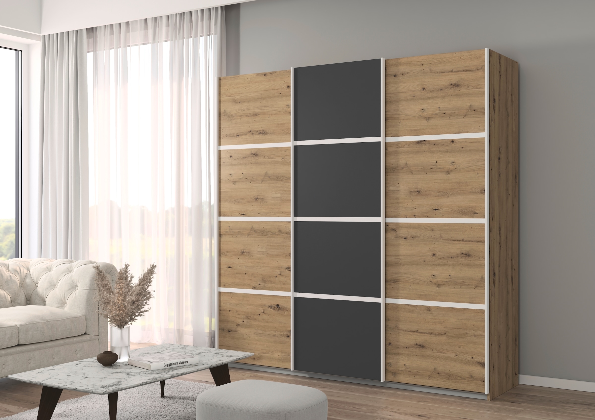 rauch Kleiderschrank »Schwebetürenschrank Garderobe Schrank TOP ANGEBOT Avola«, (in 3 verschiedenen Ausstattungen BASIC/CLASSIC/PREMIUM), mit eleganten Zierleisten in Chrom, Schwarz oder Weiß MADE IN GERMANY