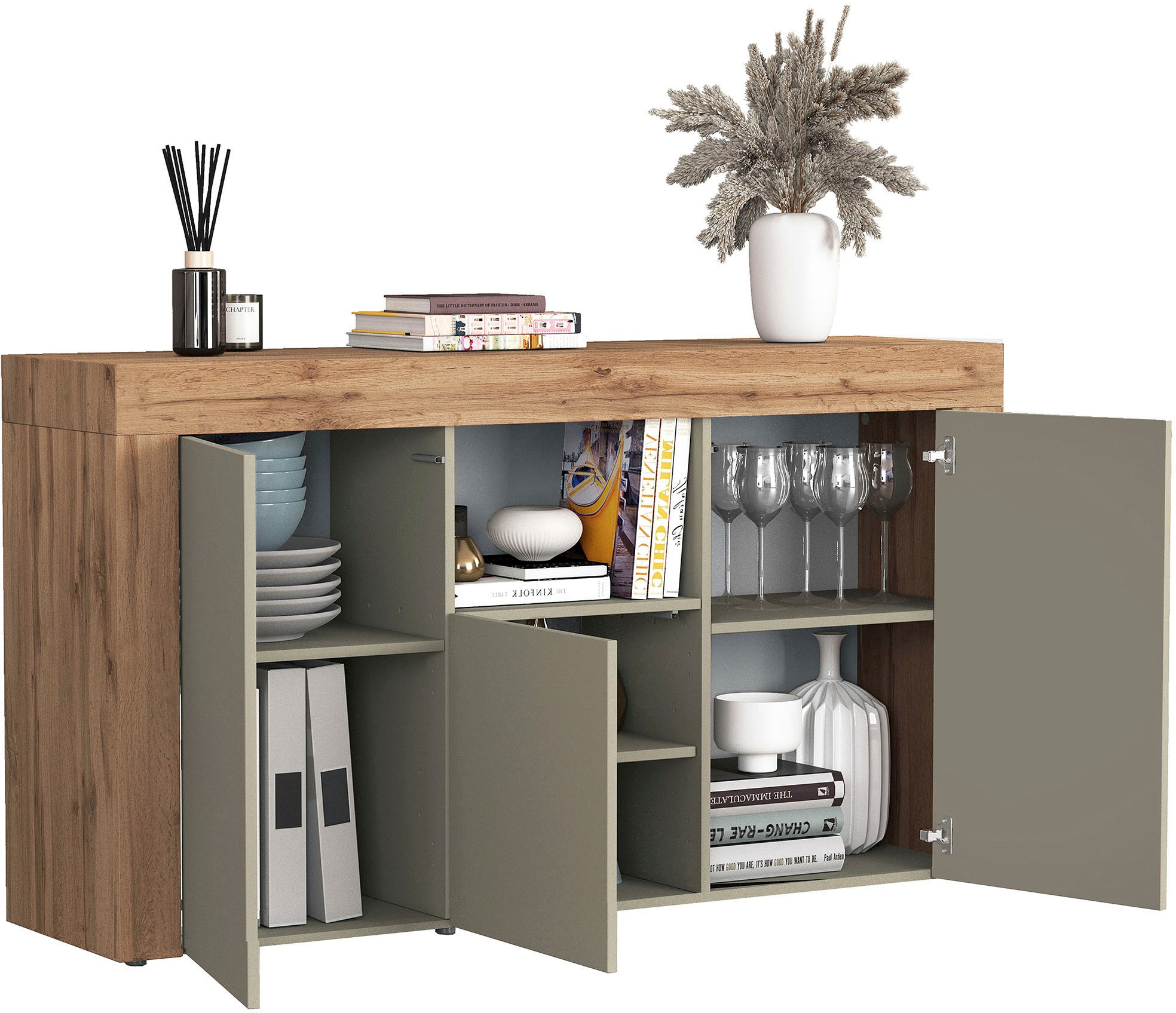 OTTO home Sideboard »CHRONOS Breite 155 cm mit 3 Türen, 1 offenes und 6 geschlossene Fächer« 1 Stk. tlg. Sideboard,Kommode, Schrank, Grifflos mit Push to Open, Made in Italy