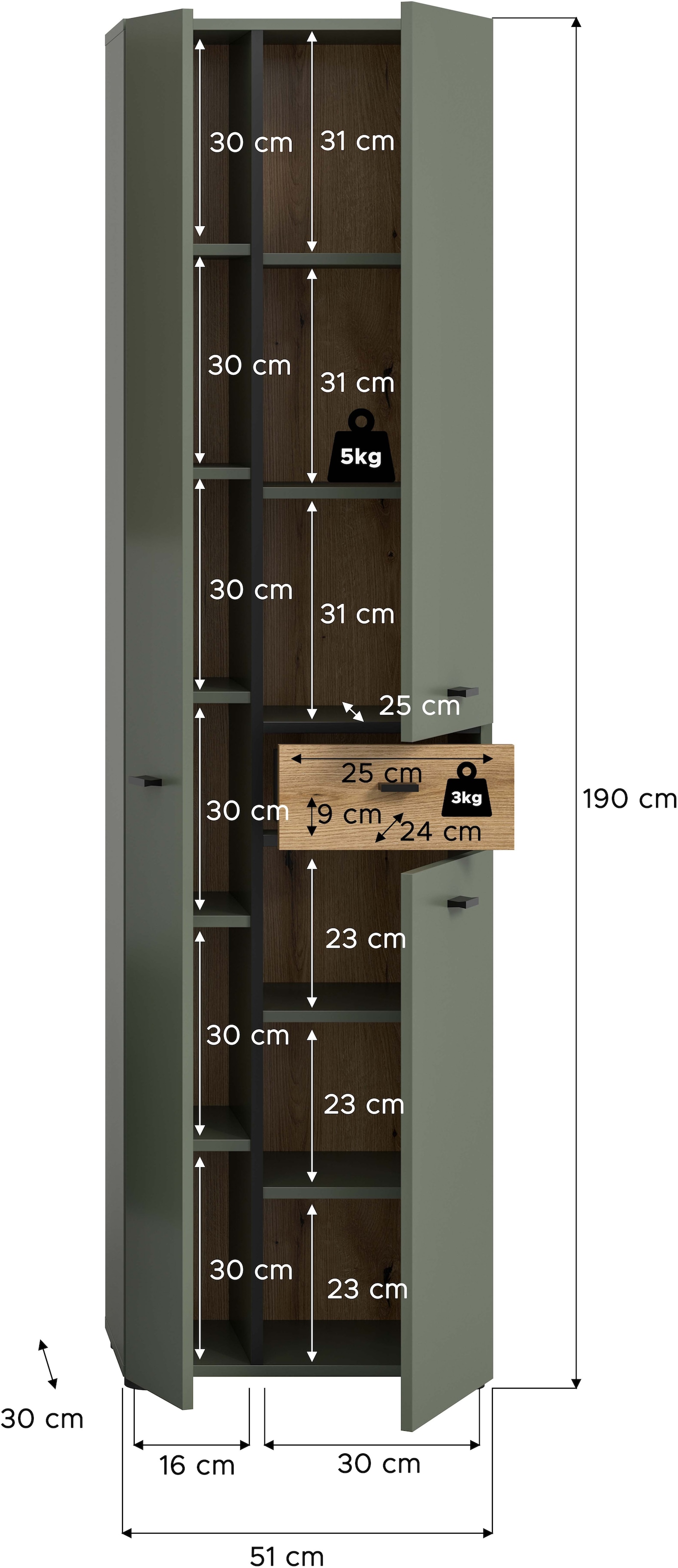 welltime Hochschrank »VANN, HÖHE 191cm, 3 Türen, 1 Schubkasten, 12 Fächer, viel Stauraum« individuell mit weiteren Artikel der Serie VANN kombinierbar,  Universalschrank, Mehrzweckschrank, Schrank, Badschrank, Badezimmer