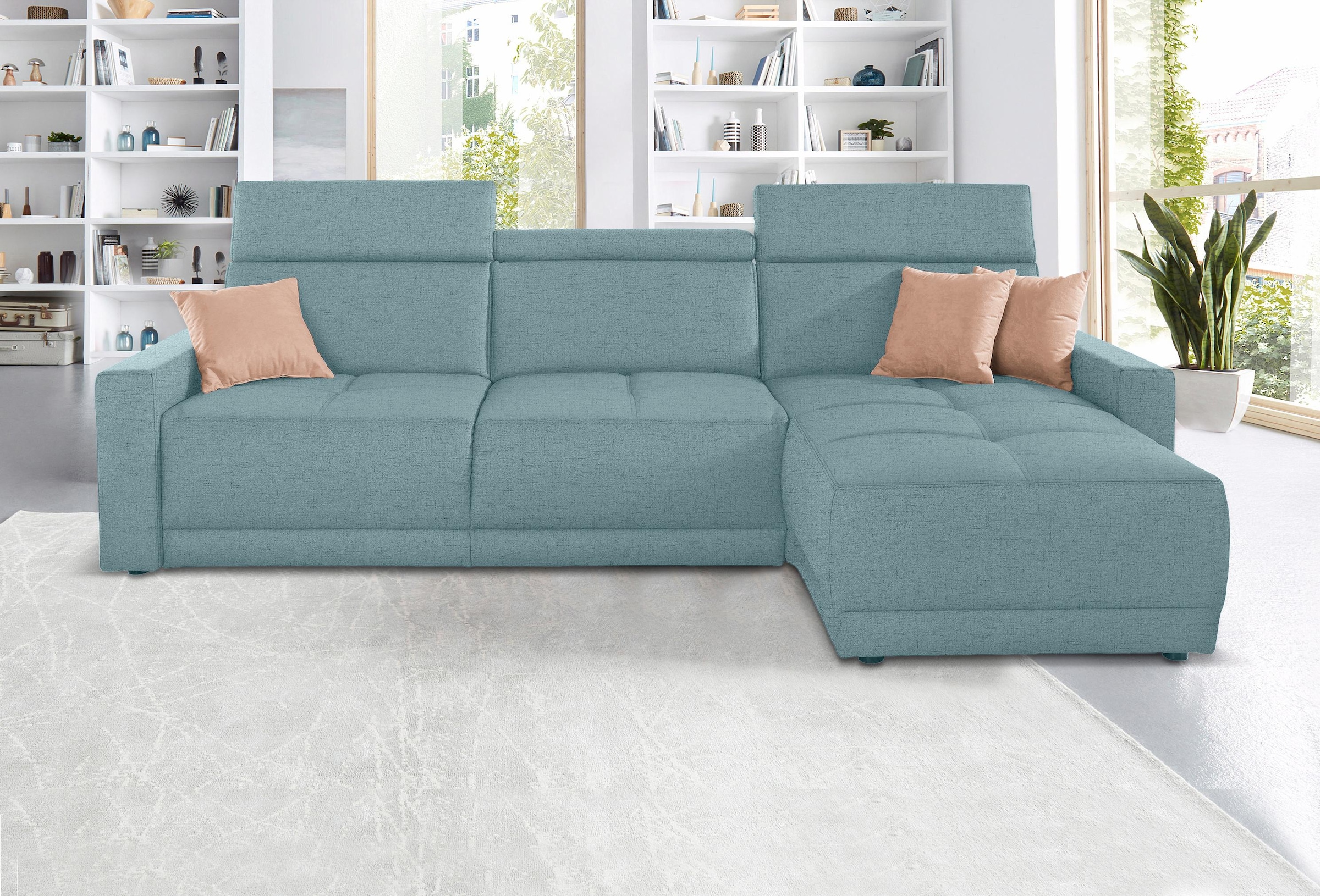 DOMO collection Ecksofa »Ava mit moderner Sitzheftung & toller Doppelnaht, komfortabel, L-Form«, mit Recamiere, inkl. Federkern, wahlweise mit Kopfteilverstellungen