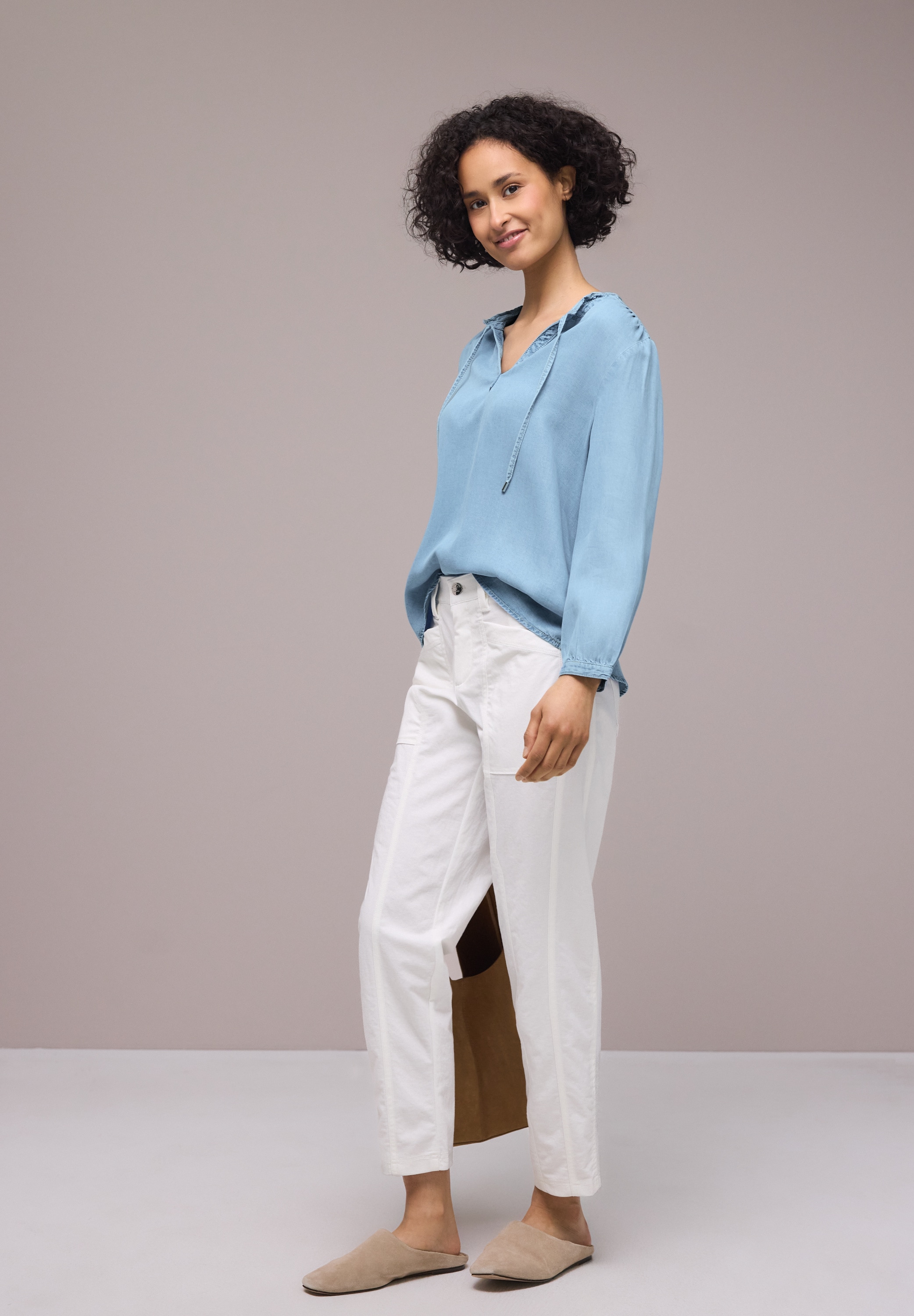 STREET ONE Schlupfbluse 3/4-Arm Bluse mit Split Neck im Denim-Look