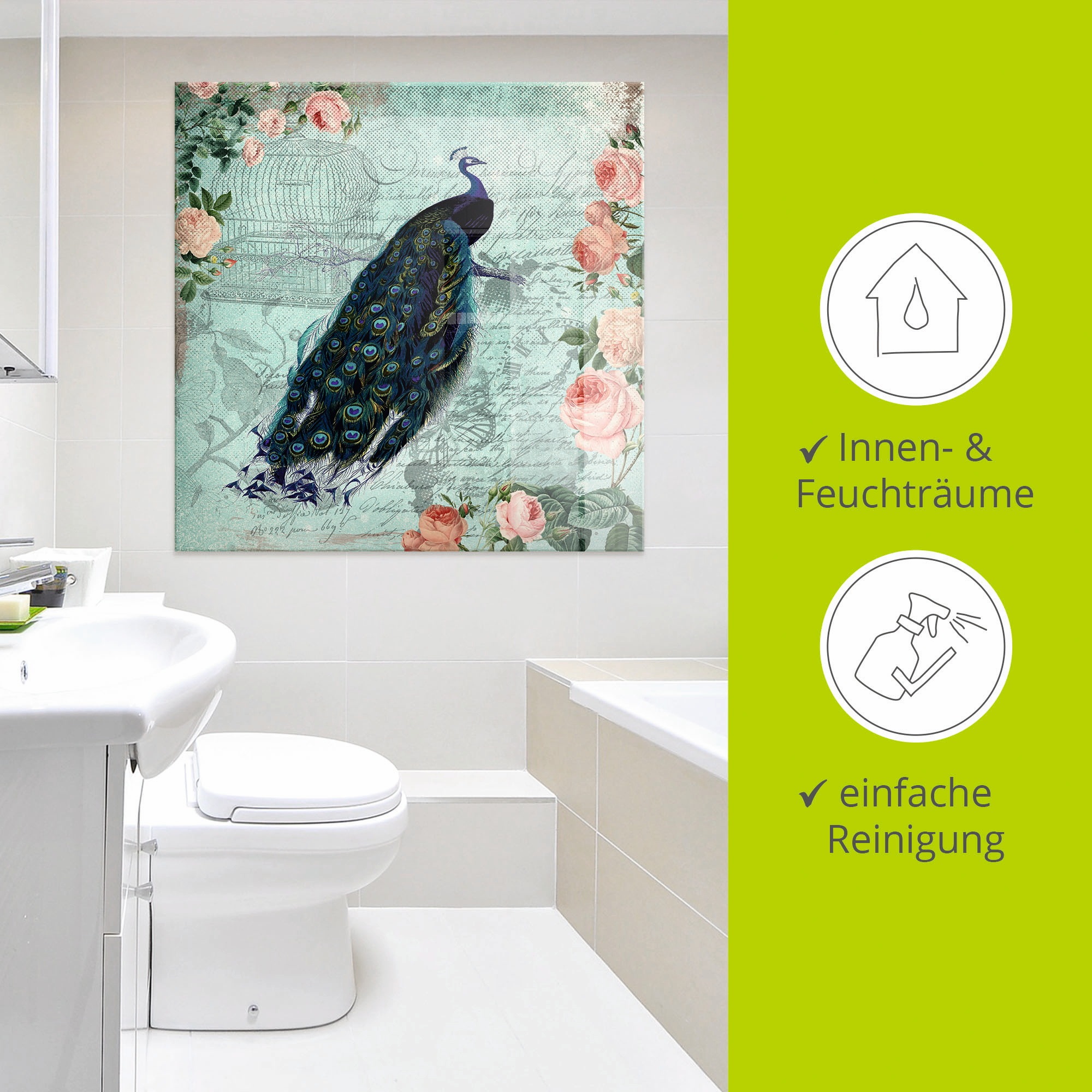 Artland Glasbild »Vintage Rosen und Pfau Illustration«, Vögel, (1 St.), in verschiedenen Größen