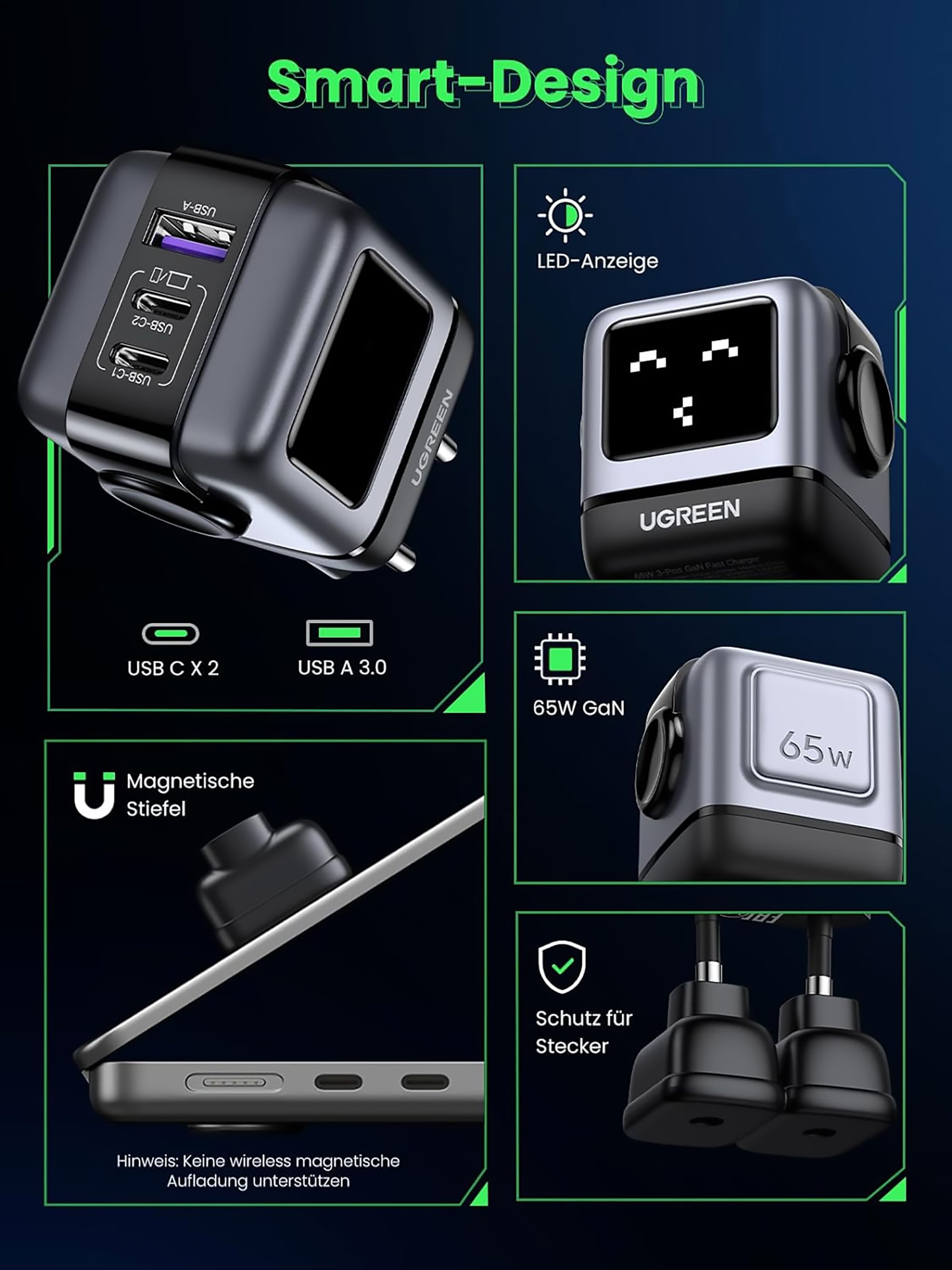 UGREEN USB-Ladegerät »UGREEN Uno Robot GaN Tech 65W USB-A+2*USB-C Fast Charger«, Roboter-Form mit LED-Anzeige und magnetischem Fuß