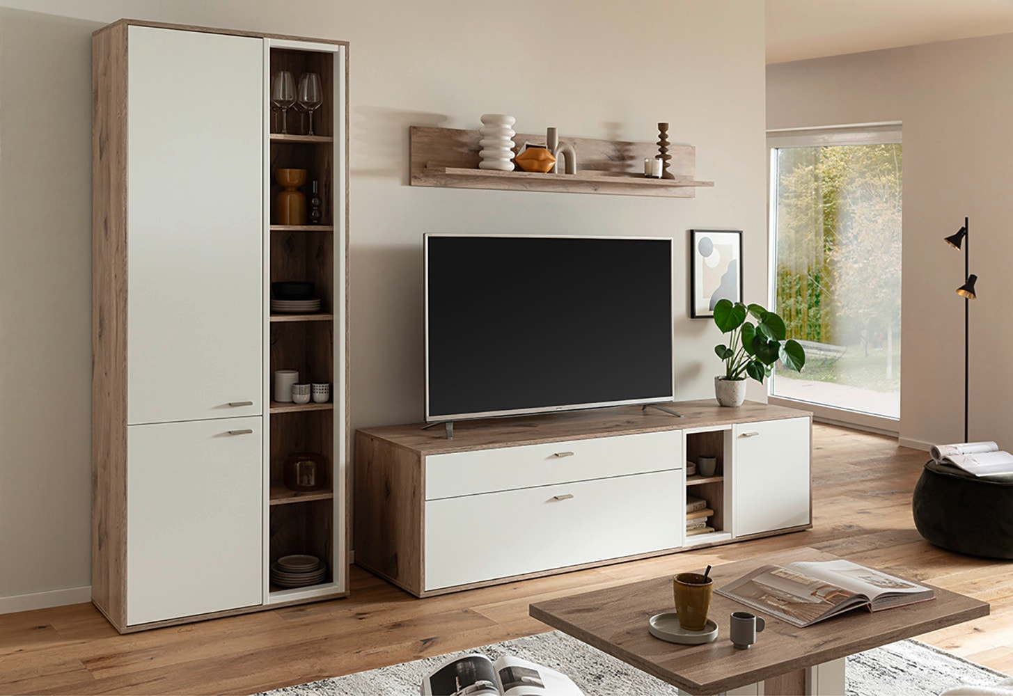 MCA furniture Couchtisch »SANTERNO Couchtisch mit Säule«, (1 St.), Tisch, Soft White/Viking Oak, mit Säule, belastbar 50kg, Breite 95 cm