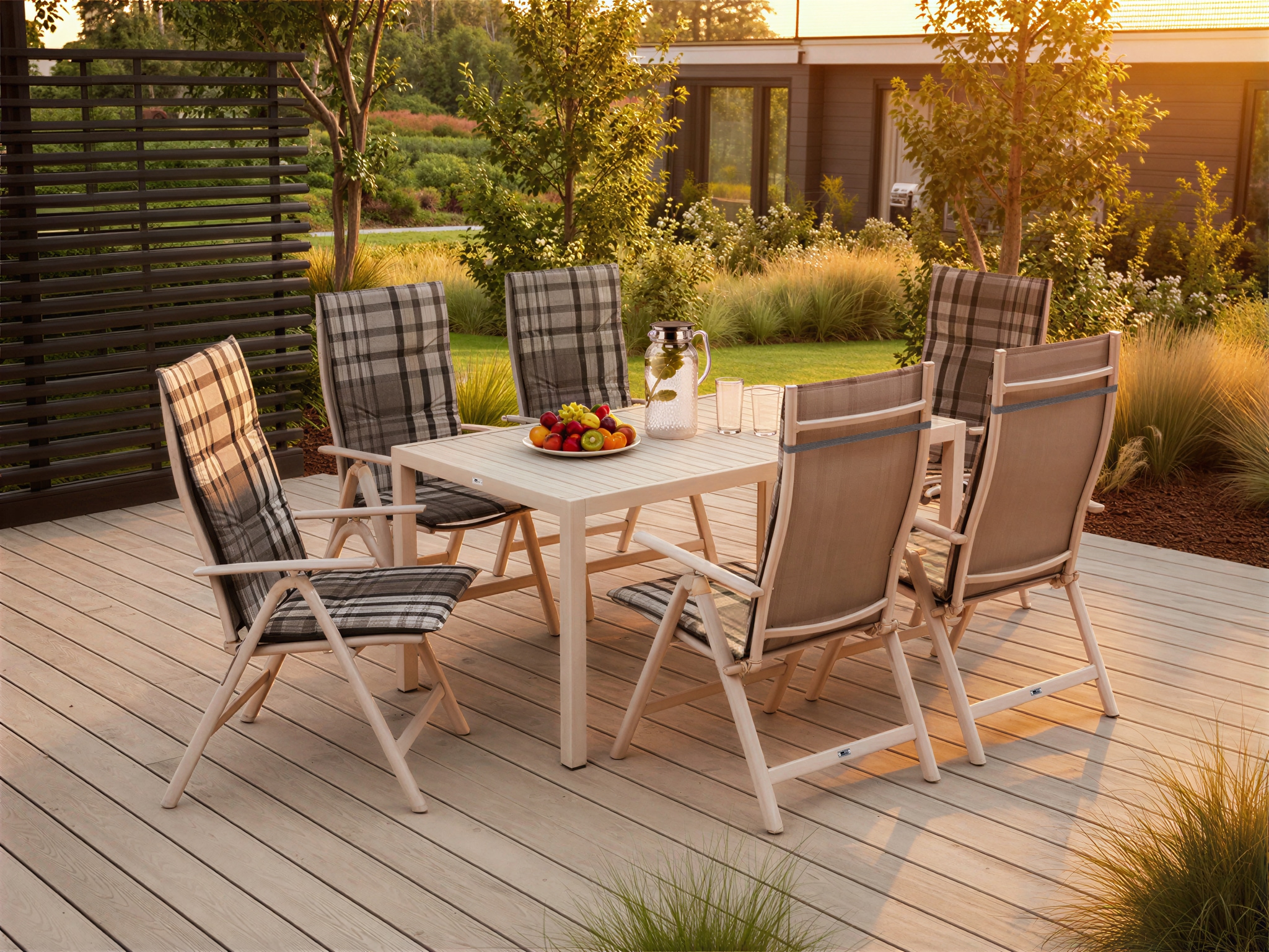 KONIFERA Garten-Essgruppe »Messina« 6x Sessel, 1x  Tisch 160x90x74 cm, Aluminium, Textilgewebe, 7 Stk. tlg. klappbar, 7-fach verstellbare Rückenlehne, Tischplatte aus Alulatten