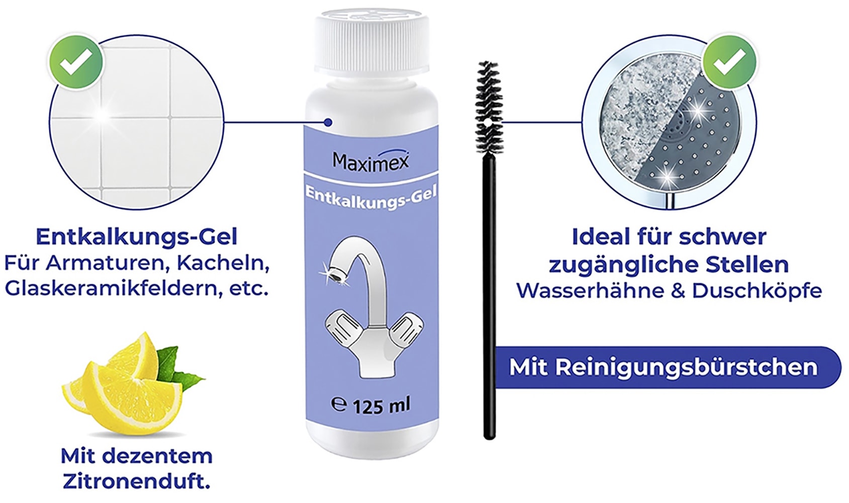 Maximex Reinigungs-Set »Entkalkungsgel mit Bürste«, für Armaturen, Duschköpfe, Glaskeramikfelder, je 125 ml, Zitrusduft