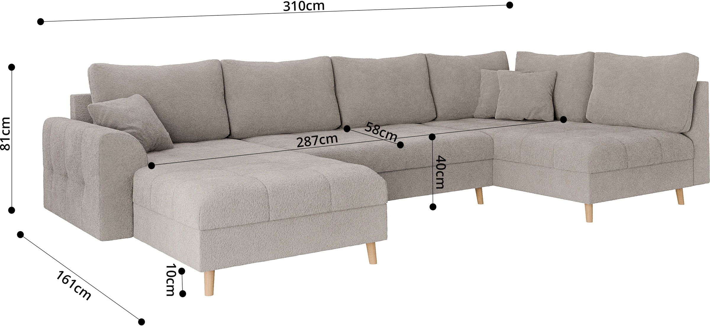 Home affaire Wohnlandschaft »CHARRE U-Form mit Ottomane, Maße B/T/H: 310/161/81 cm«, feine Steppung, lose Rücken- und Zierkissen, auch in Cord und Bouclé