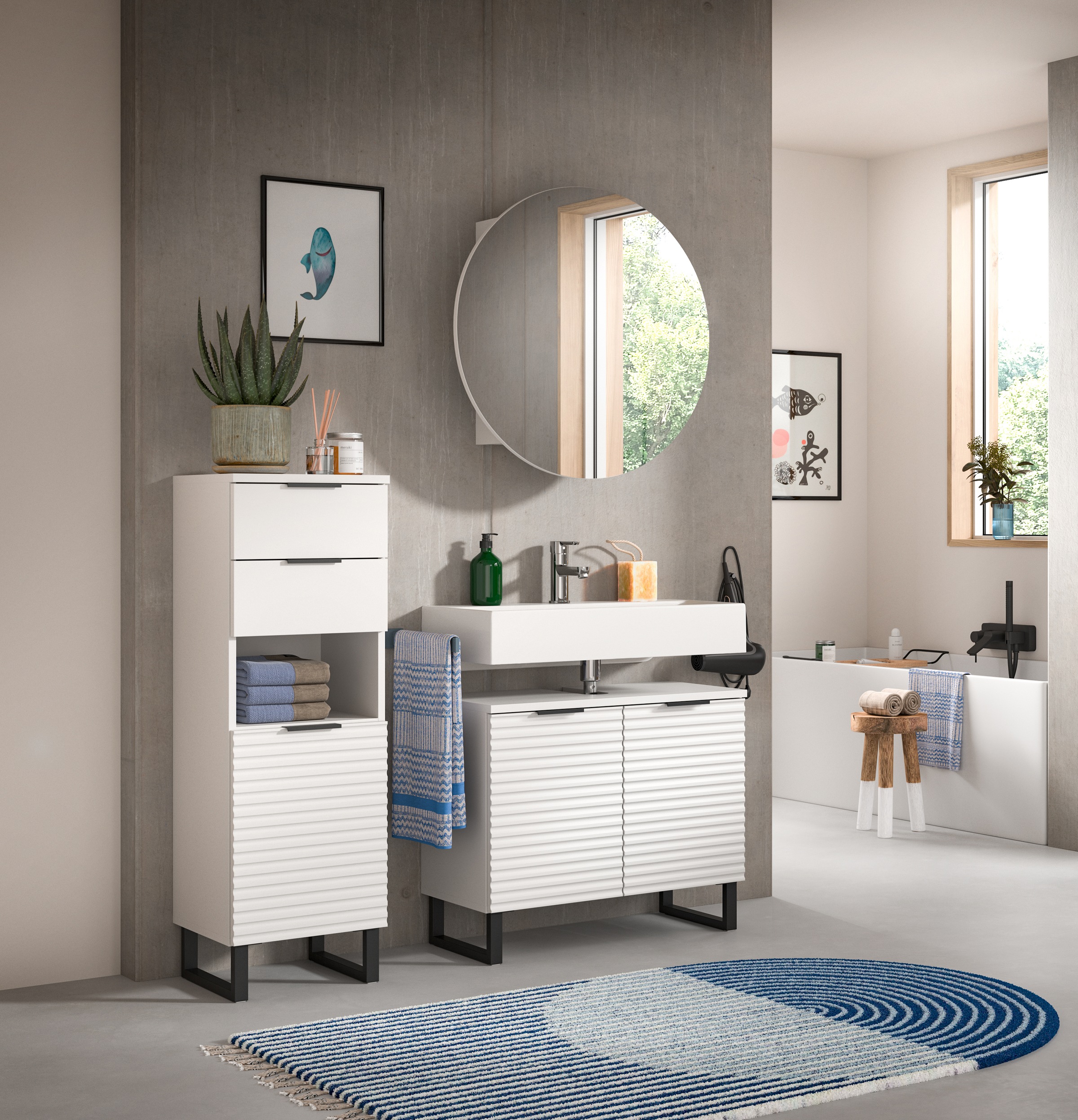 welltime Badmöbel-Set »Litica, Breite 120 cm, hochwertige Rillenfräsung, Metallkufen«, (3 St.), best. aus.: Unterschrank, Waschbeckenunterschrank, Spiegelschrank