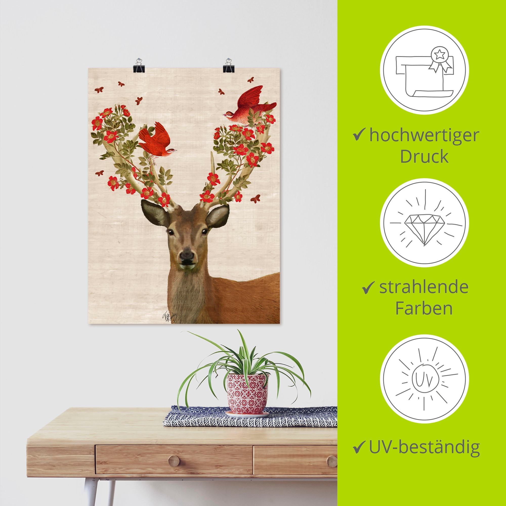 Artland Wandbild »Hirsch und Vögel Liebe«, Wildtiere, (1 St.), als Leinwandbild, Poster, Wandaufkleber in verschied. Größen