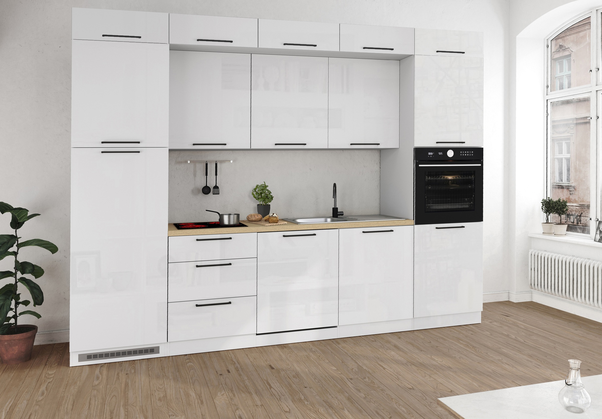 KOCHSTATION Küchenzeile »Luna, Einbauküche, Zeilenküche, mit Soft-Close Funktion, Made in Italy« Breite 300 cm ohne E-Geräte, mit Spüle+Siphon und Aufsatz