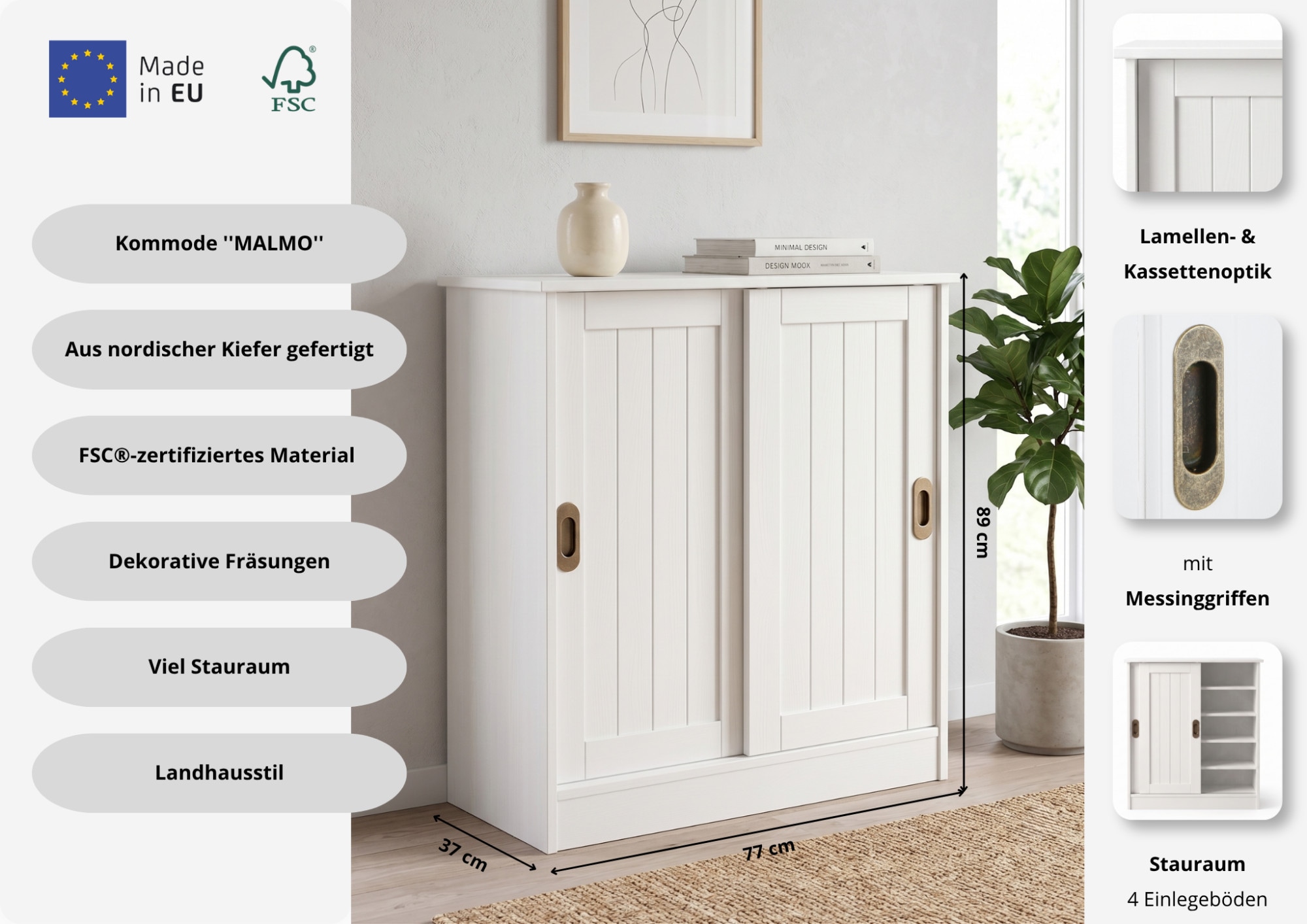 OTTO home Schuhschrank »Malmö Schuhkommode mit Schiebetüren« B/T/H: 77/37/89 cm,  aus massiver FSC®-zertifizierter Kiefer,  Breite 77 cm