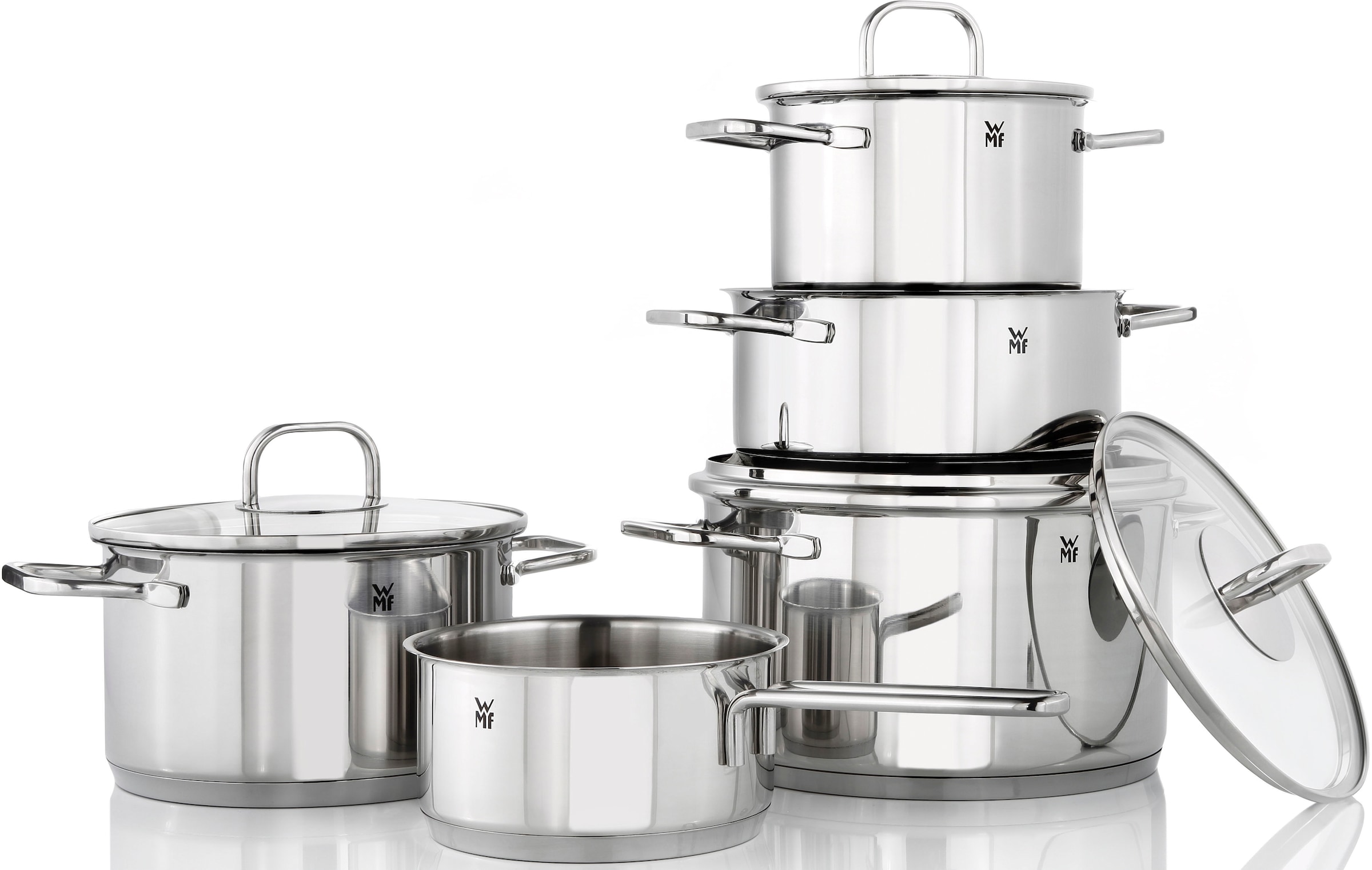 WMF Topf-Set »Inspiration«, Cromargan® Edelstahl Rostfrei 18/10, (Set, 12 tlg., Kochtopf Ø 16/20/24 cm, Bratentopf Ø 20 cm, 1 Stieltopf, 3 Handtücher)