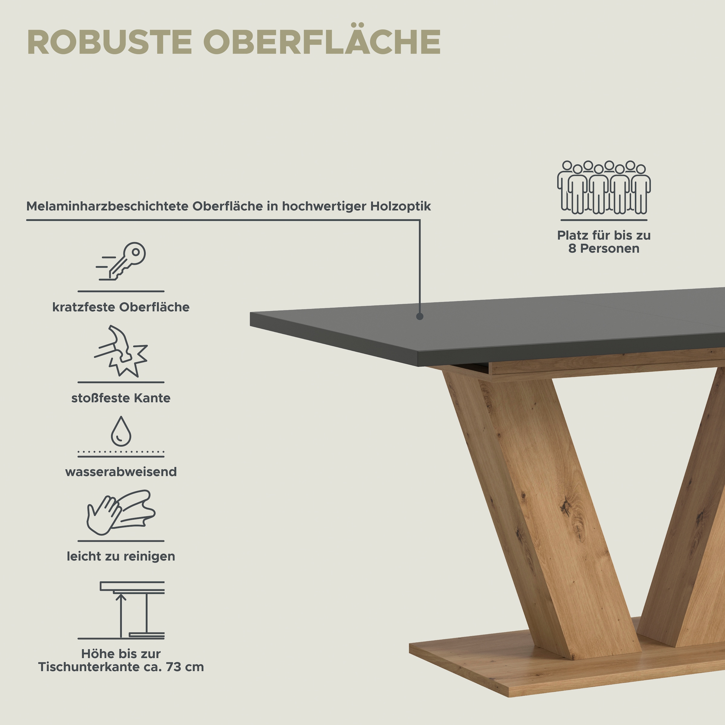 INOSIGN Esstisch »Motus, ausziehbar 150 -190 cm, inklusive 40 cm Einlegeplatte«, (Set, 1 St.), V-Gestell mit Bodenplatte, Tisch, Küchentisch, Esszimmer, Küche