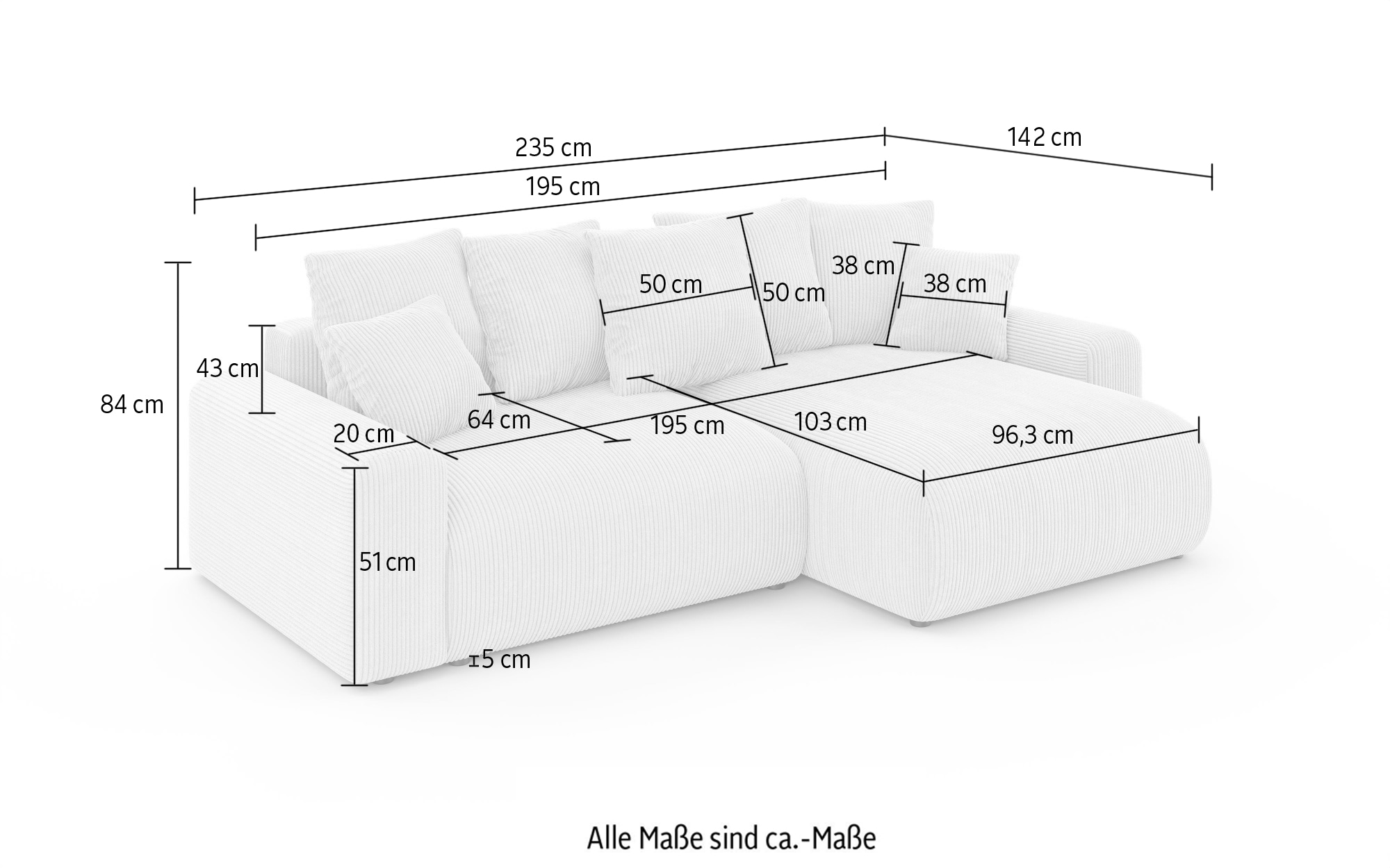 Home affaire Ecksofa »LAKESIDE klein mit Bettfunktion und Bettkasten, B/T/H 235/142/84 cm«, L-Form, Recamiere beidseitig montierbar, mit Wellenunterfederung