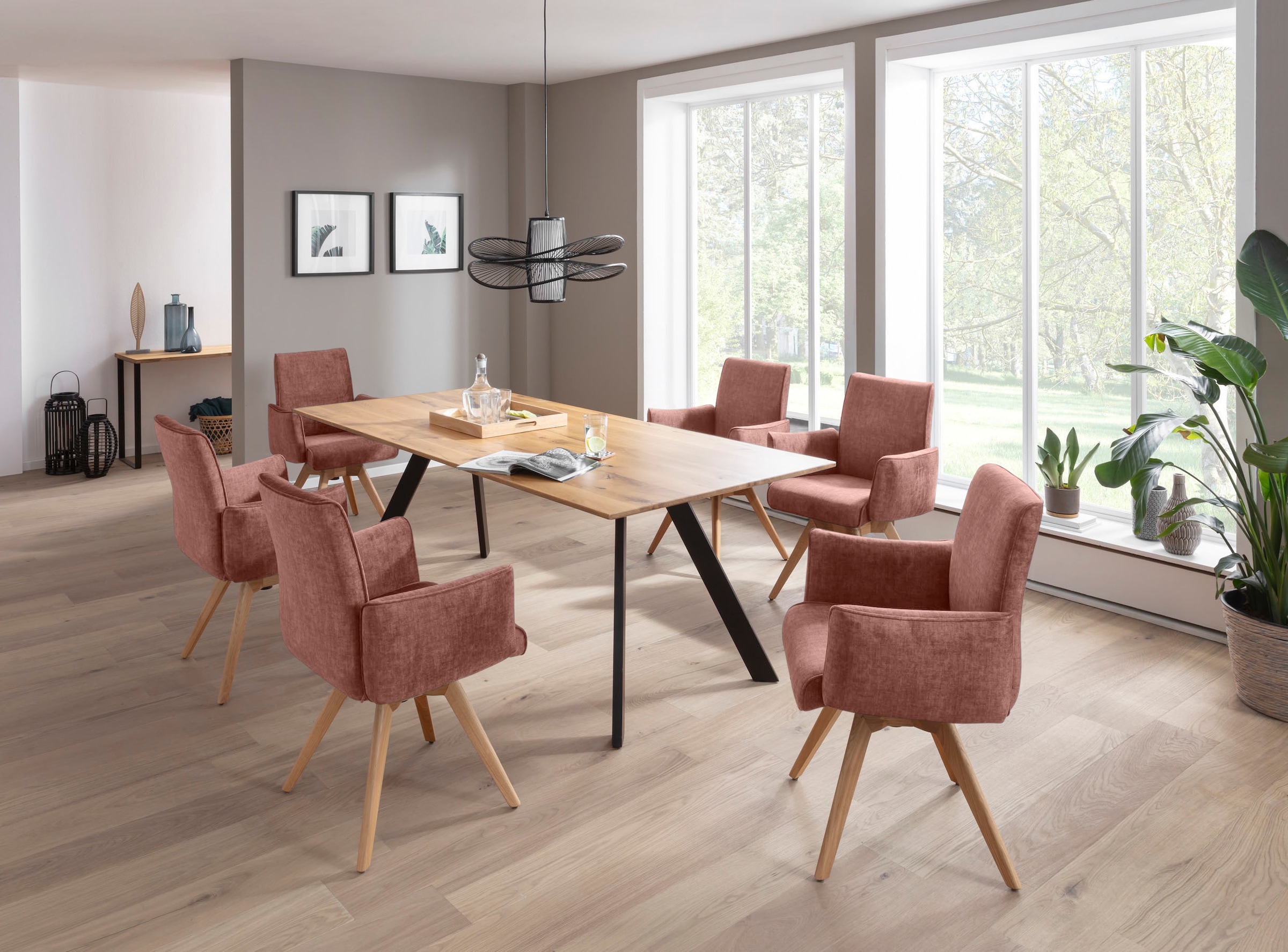 K+W Komfort & Wohnen Drehstuhl, Flachgewebe H2O 660, Armlehnenstuhll mit 360° Drehfunktion massives Holzuntergestell
